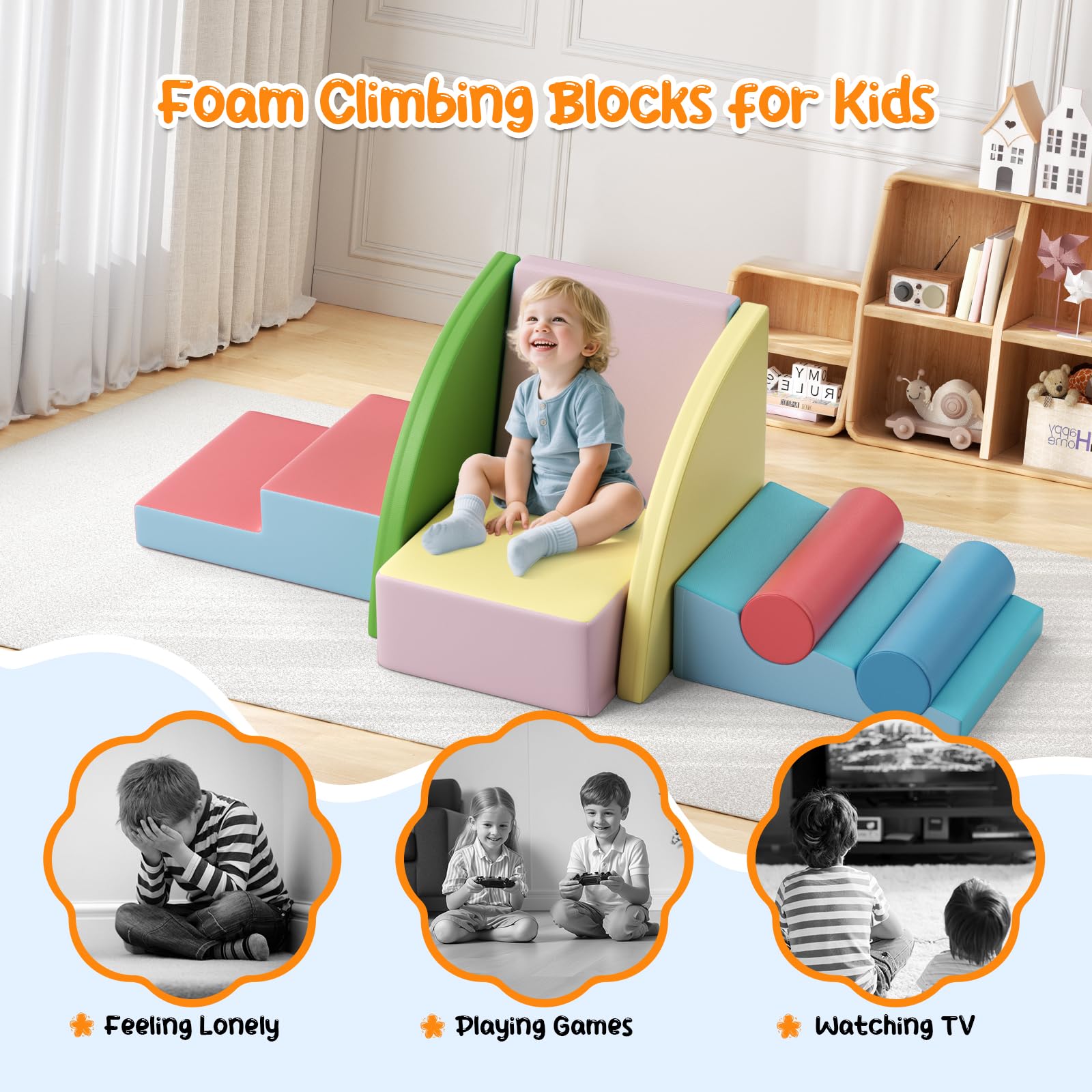 8p - Bloques de escalada blancos para niños, bloques de escalada para bebés, revestimiento de PU resistente a los arañazos, fácil de limpiar, cierre de cremallera oculta, espuma de alta