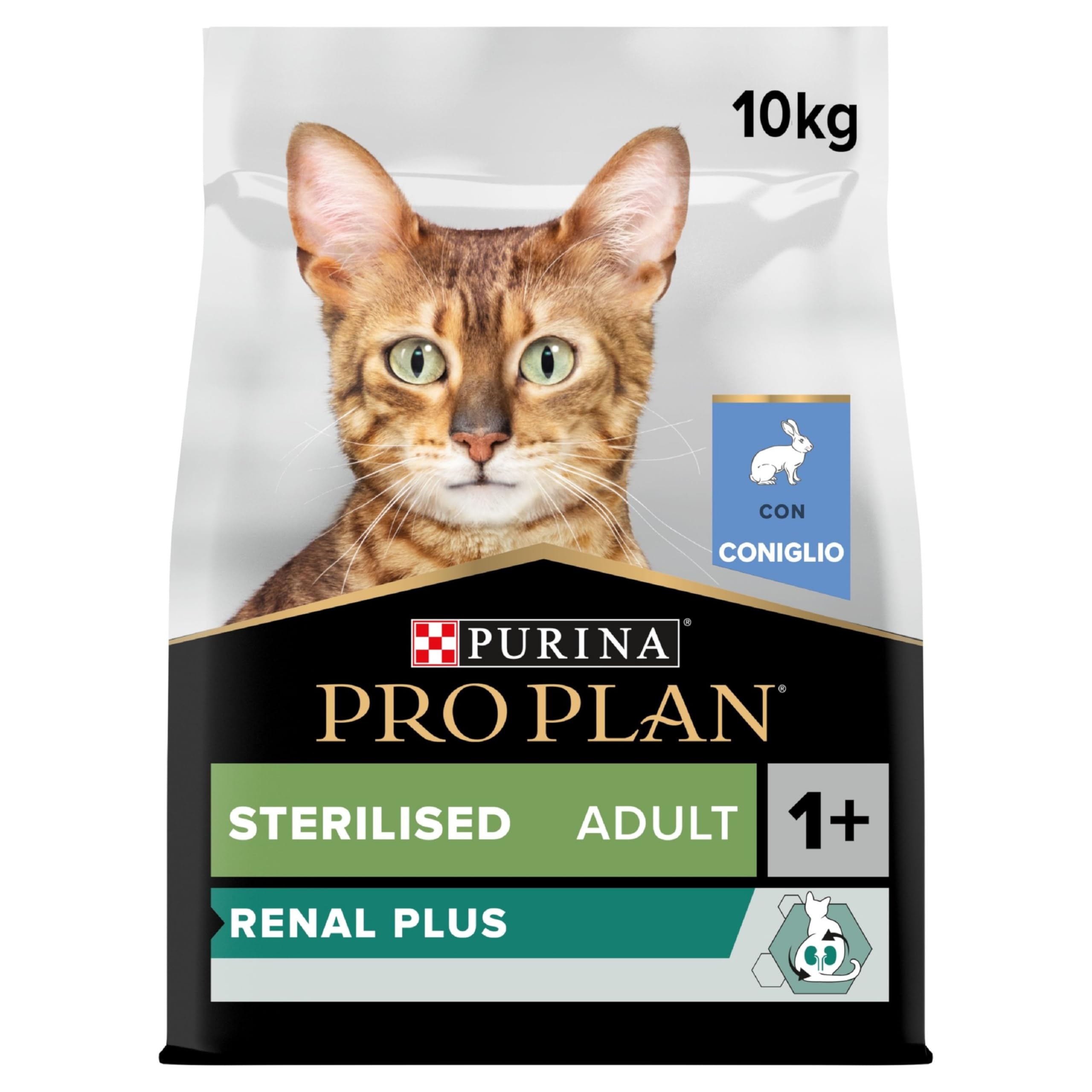 PURINA PRO PLAN Renal Plus Crocchette per Gatti Sterilizzati, Sacco da 10kg | Croccantini per Gatti Adulti Ricco in Coniglio