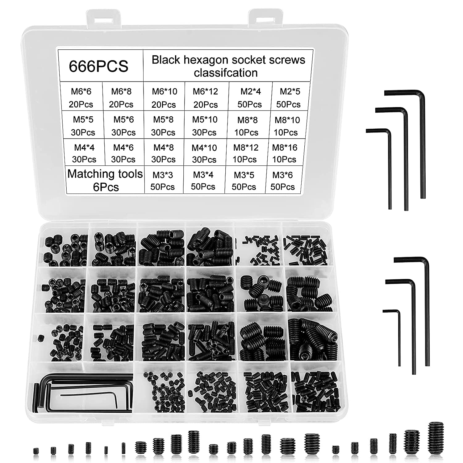 Grub Screws Set Hakkin 666Pcs Grub Screws Assortment Kit 12.9 Grade Carbon Steel M2 M3 M4 M5 M6 M8 Metric Thread Cup Point with 6Pcs Hex Key Drive