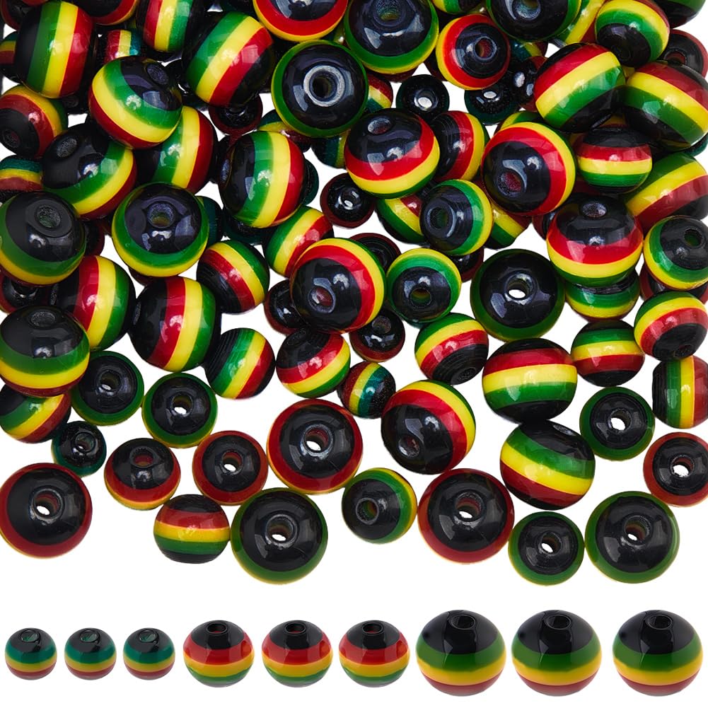 SOFPLATE 200Pcs 3 Styles Rasta Beads African Hair Beads Ghana Jamaica Reggae Striped Black Red Green Yellow Resin Round Ball Smooth Loose Spacers for Jewellery Hair Bracelet Necklace DIY Crafts