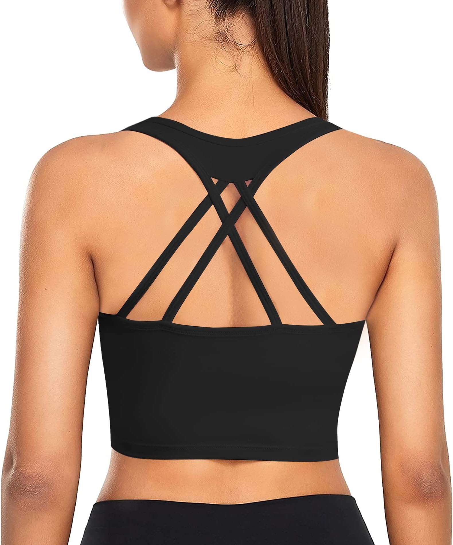 Women Yoga Sports Bra Padded Mid Impact Crop Top Unique Cross Back Strappy Wirefree Yoga Bra for Workout Gym