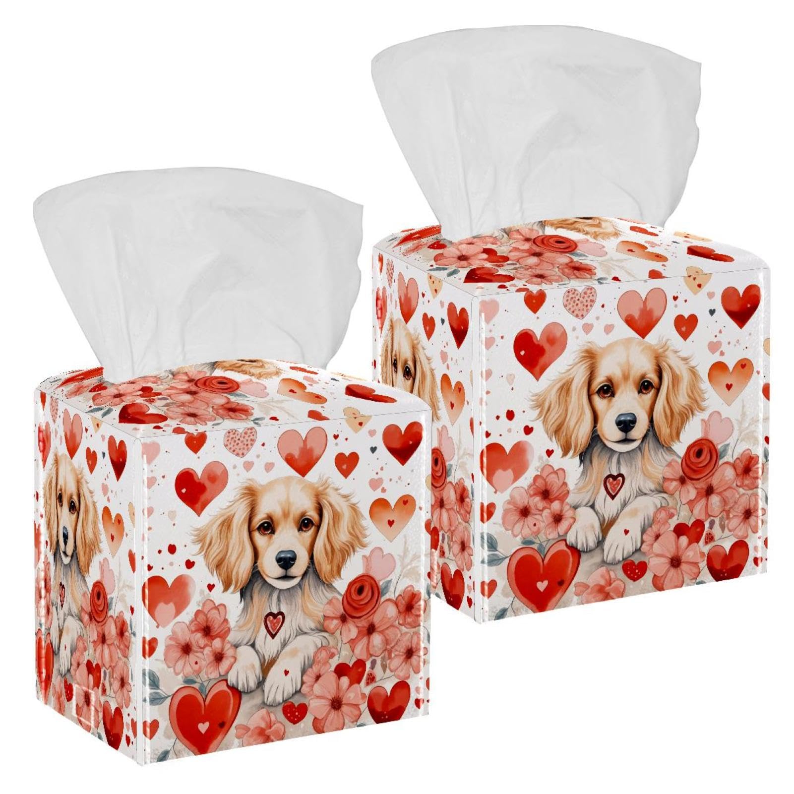 Dog Florals Hearts Tissue Box Cover, 2 Pack PU Leather Square Facial Tissue Dispenser Box holder for Home Office Car
