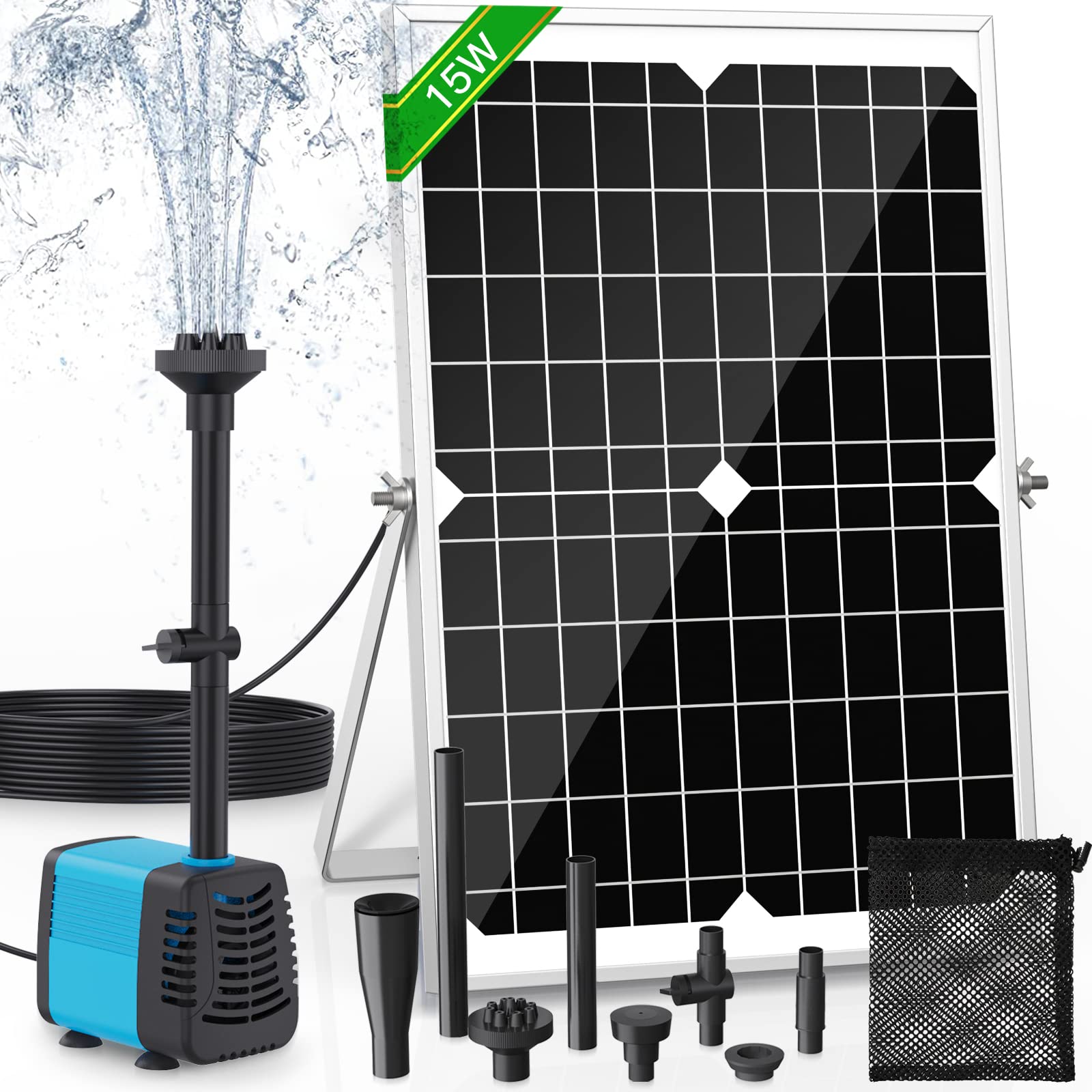 Solarteichpumpe, 15W Solarbrunnenpumpe mit 720 L/h Durchfluss, 5 m verlängerbarem Netzkabel, 4 Sprühmuster & Schmutzfangsack – Ideal für Teiche & Wasseraufstellungen