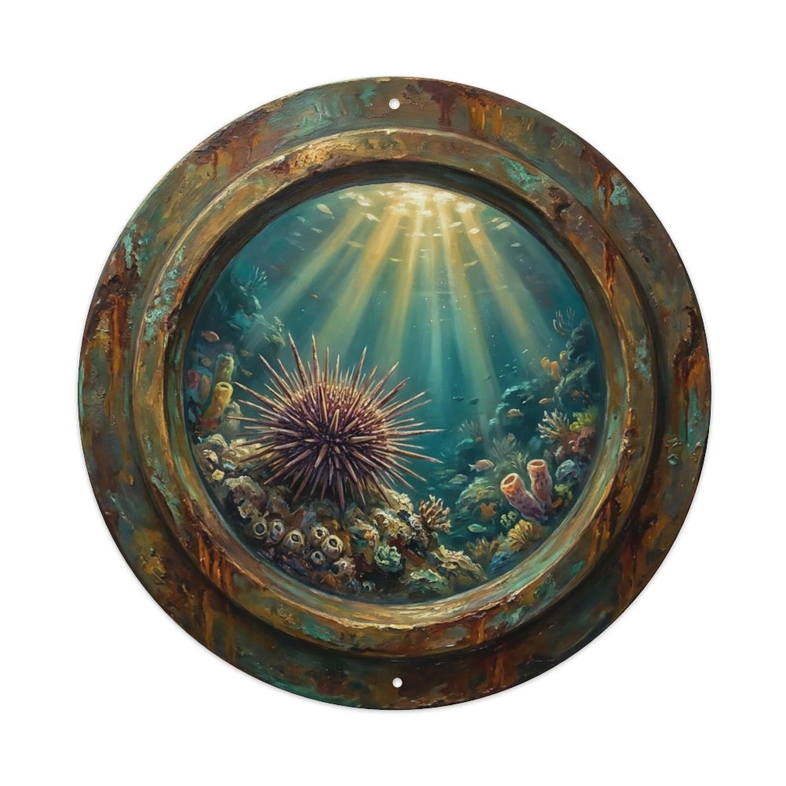 Vintage Porthole Sea Urchin Spines Ship Window Undersea Deep Sea Metal Tin Sign