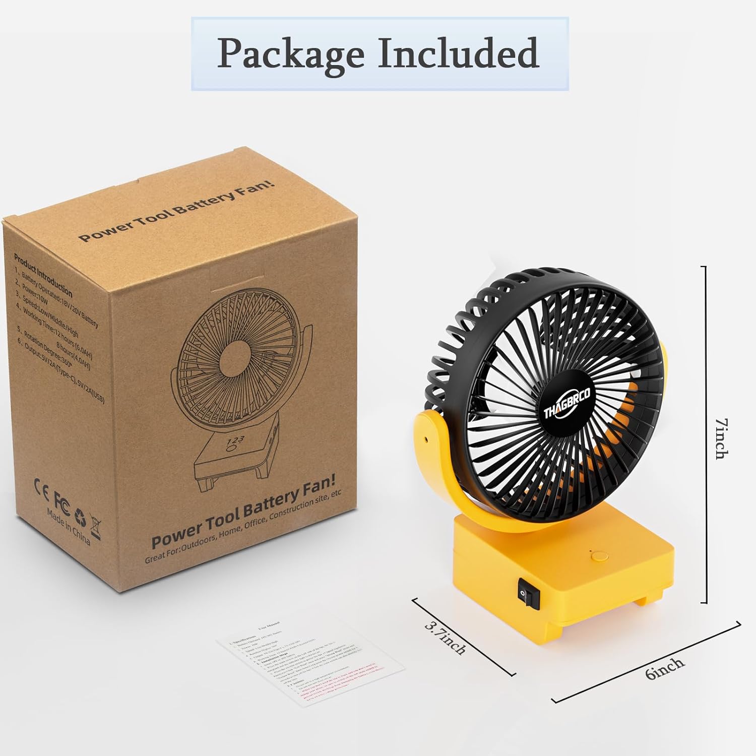 Portable Cordless Fan Compatible For Dewalt 20V 60V Battery，Cordless Jobsite Fan Brushless Motor With USB A+C Fast Charging For Camping Workshop and Construction Site(No Battery)