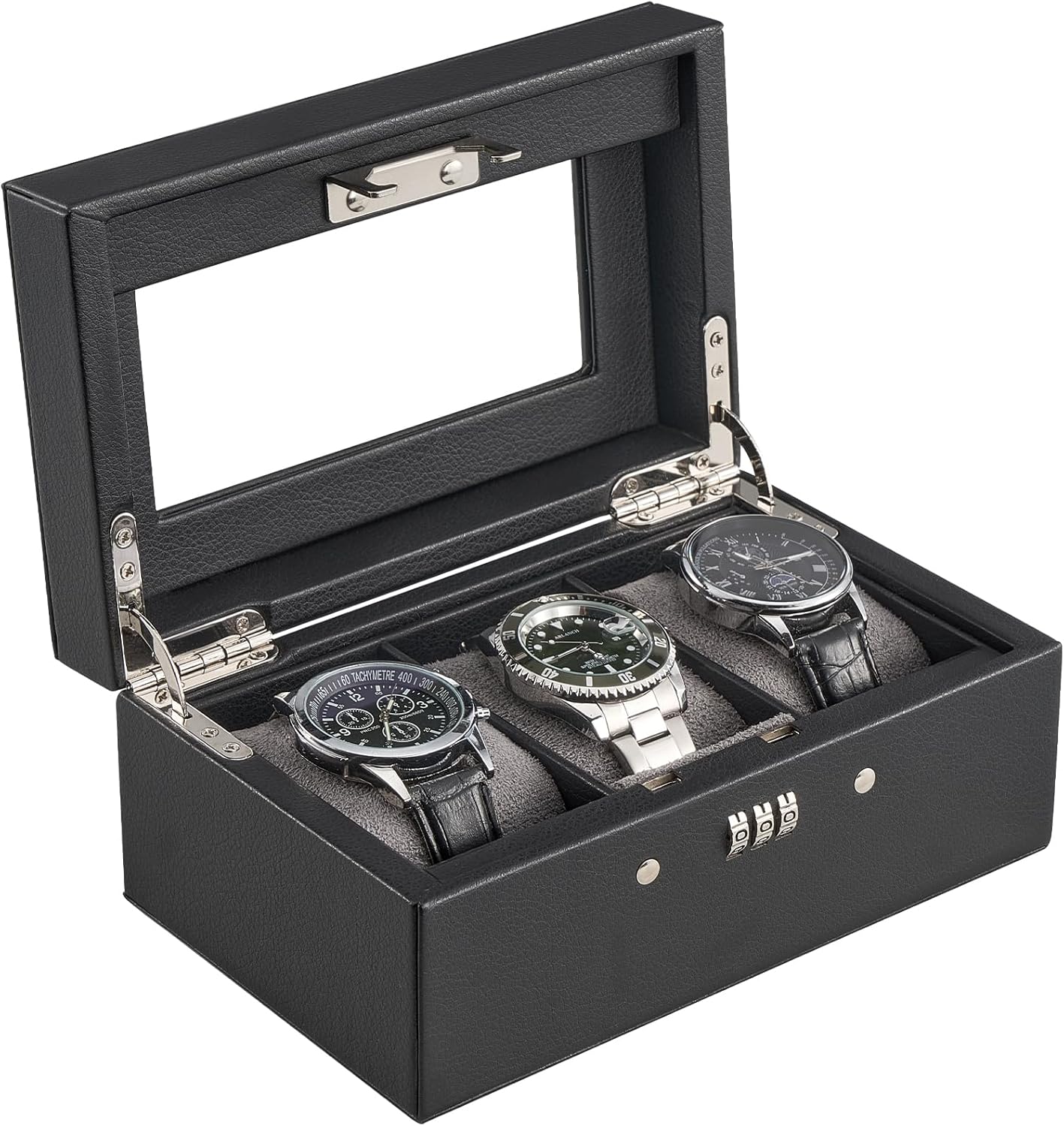 ProCase Lockable Watch Case, 3-Slot Display Storage Box with Glass Lid, Scratch-Free Velvet Lining & Combination Lock, Secure Watch Organizer for Men, Home, Office or Store Display - Black