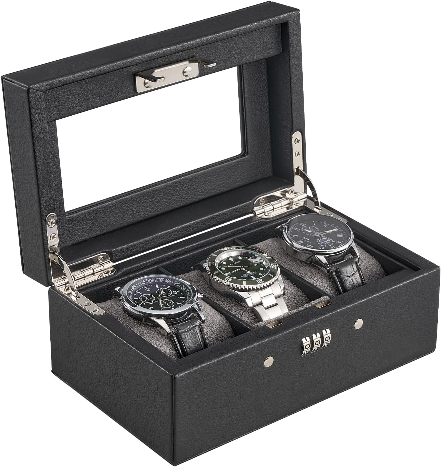 ProCase Lockable Watch Case, 3-Slot Display Storage Box with Glass Lid, Scratch-Free Velvet Lining & Combination Lock, Secure Watch Organizer for Men, Home, Office or Store Display - Black