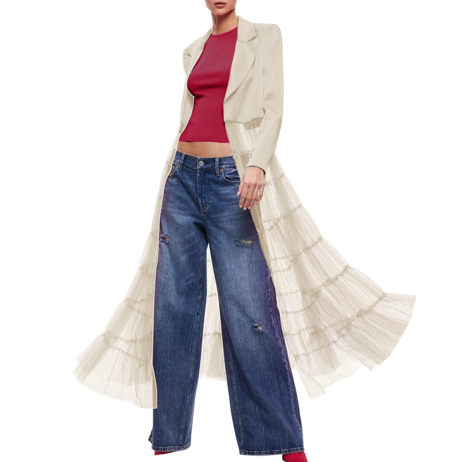 Womens satin tulle patchwork long sleeve small suit slim cardigan jacket tulle dress