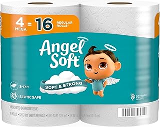 Angel Soft Toilet Paper, 4 Mega Rolls = 16 Regular Rolls, Soft and Strong Toilet Tissue, White