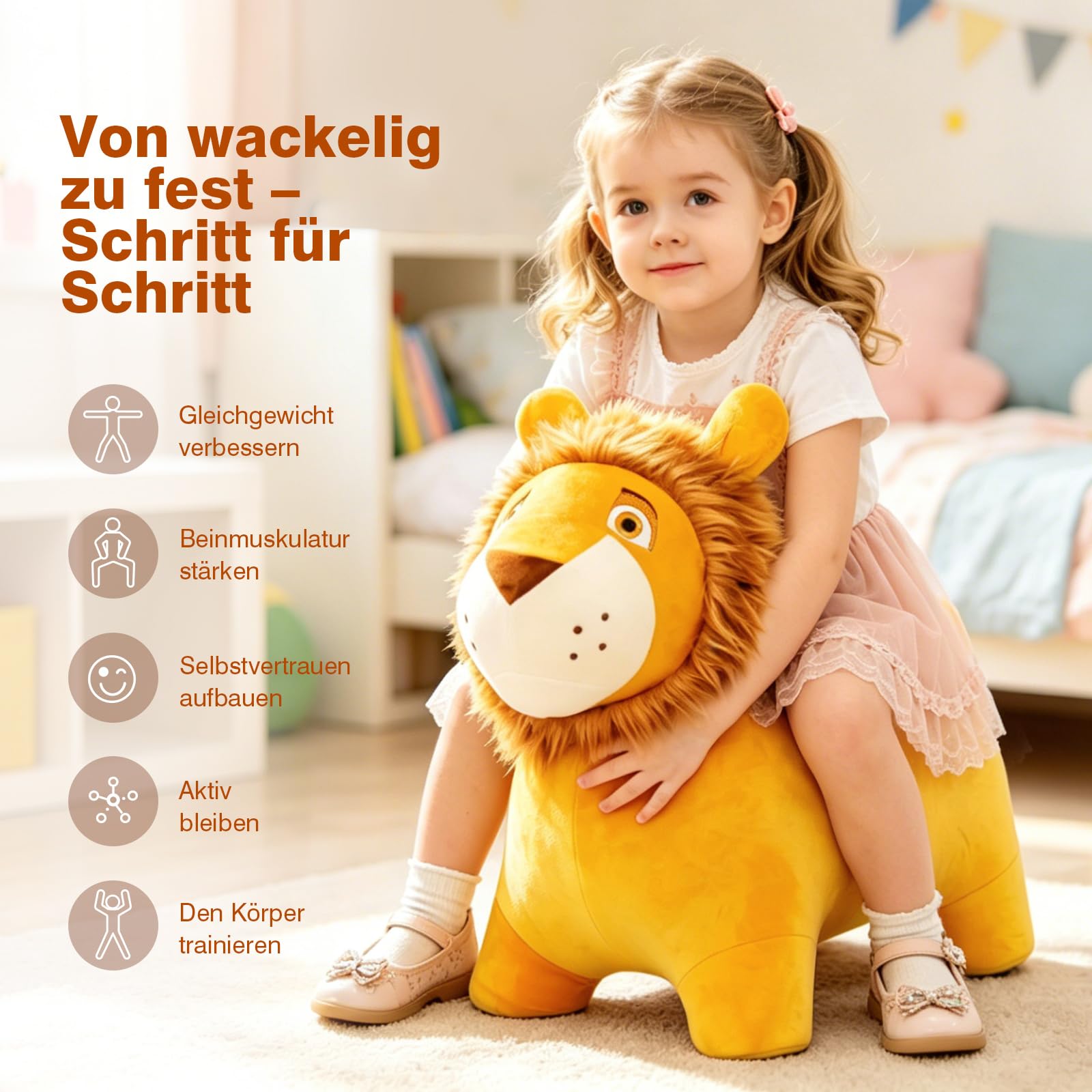 Vastoy Löwe Hüpftier für Kinder ab 1 Jahr Aufblasbar Hüpfpferd mit Pumpe | 100kg Belastbar Hüpftiere PVC Sprungpferd Springspielzeug für Innen Außen Garten Oster Weihnachten Geschenke Jungen Mädchen