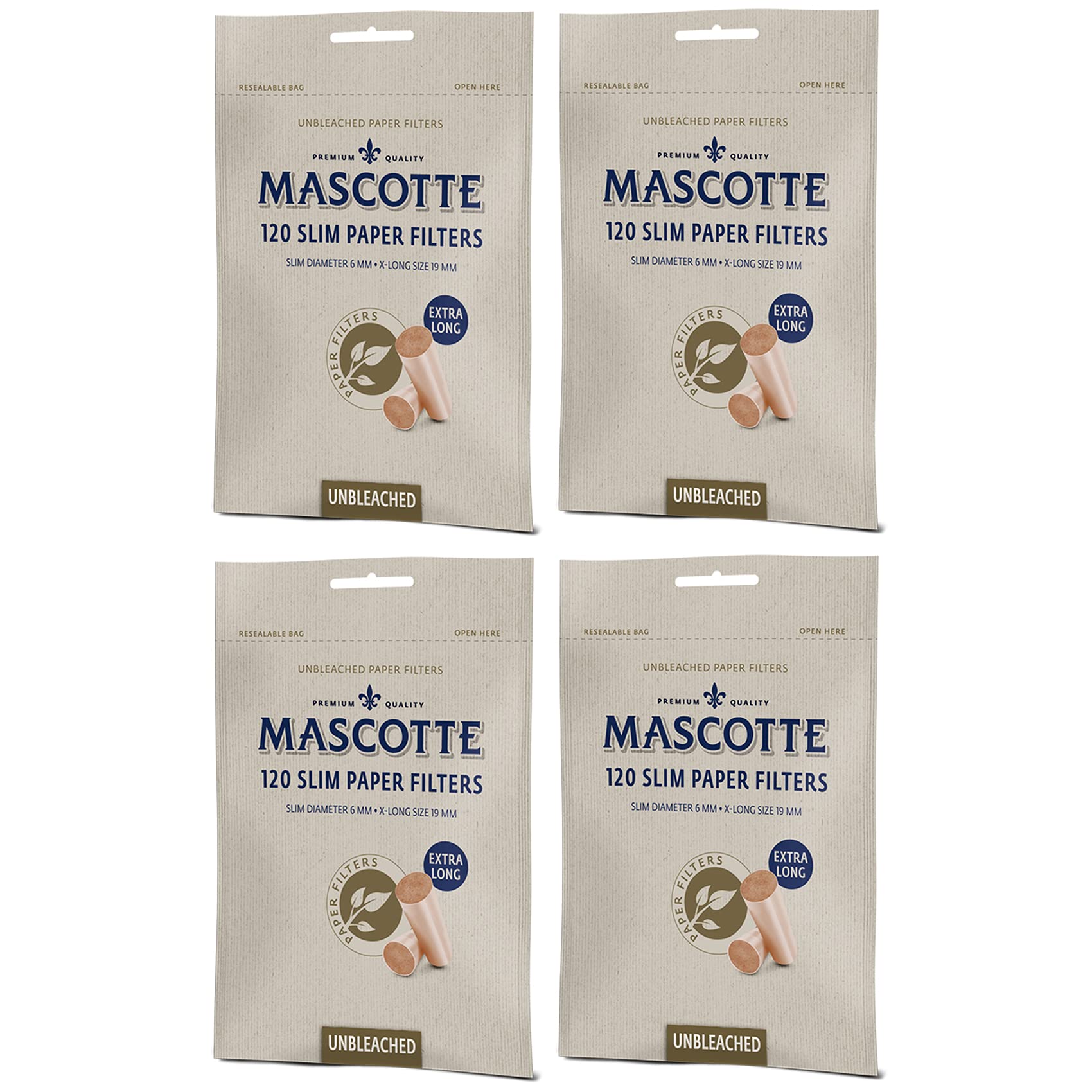 120-2400 x MASCOTTE By BULL BRAND Bio Paper Filter Tips | Premium 6MM Unbleached 19mm X-LONG SLIM Cigarette Filters (4 x Packs (480 Unbleached Filter Tips))