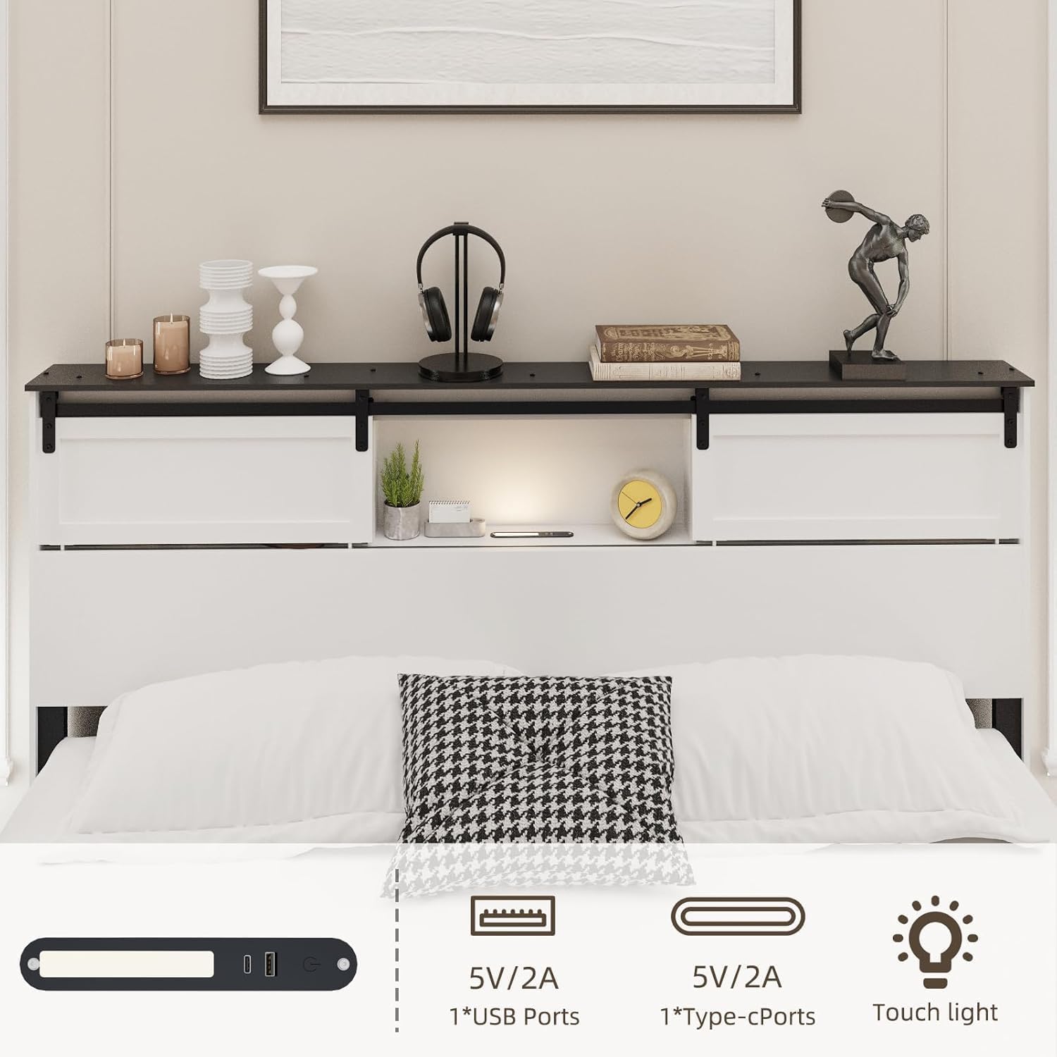 QNICE Wooden King Size Bed Frame with Storage Headboard, LED Lights & Charging Station, Sliding Barn Door, Farmhouse Wood Platform Bed with Metal Slats Support, Boho White