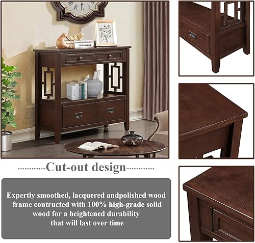 Miniatura 4 de L"KeKe Mesa consola de granja de 36 pulgadas con 4 cajones y 1 estante de almacenamiento, madera de pino adecuada para entrada, entrada, sala de