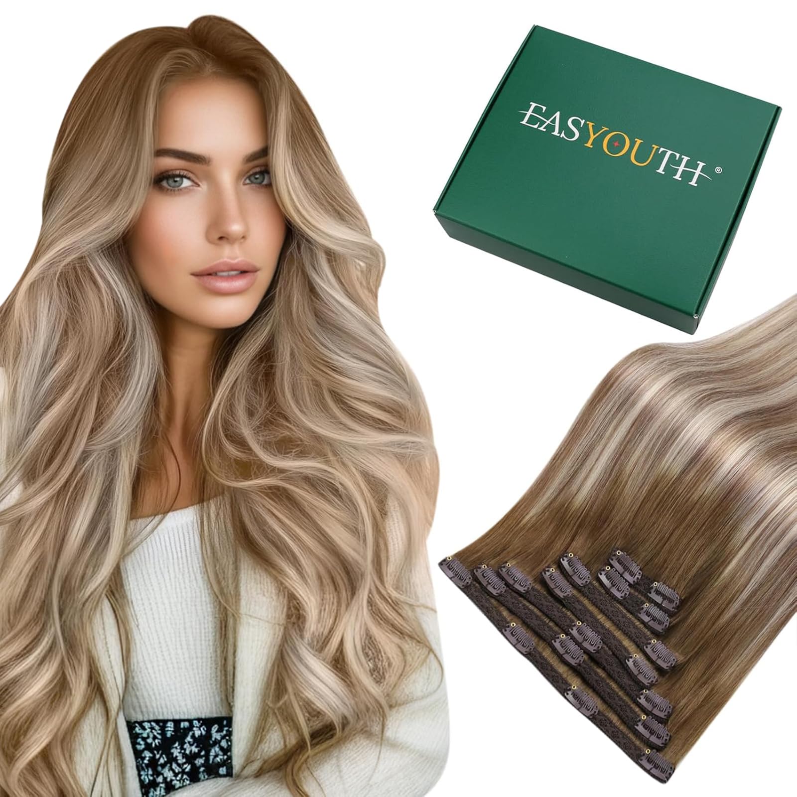 Easyouth Clip in Extensions Echthaar Balayage Blond Echthaar Extension Clips Dunkelbraun Aschbraun Balayage Mittelblond Clip Extension Remy Menschenhaar Lange 7pz 55cm 120g #3/8/22
