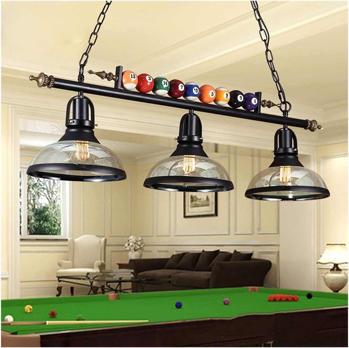 Hanging Pool Table Lights, 3 Lights Billiard Ball Decoration Chaner, Ceiling Pendant Lights Fixture Compatible with Game Room Billiards, for Living Room