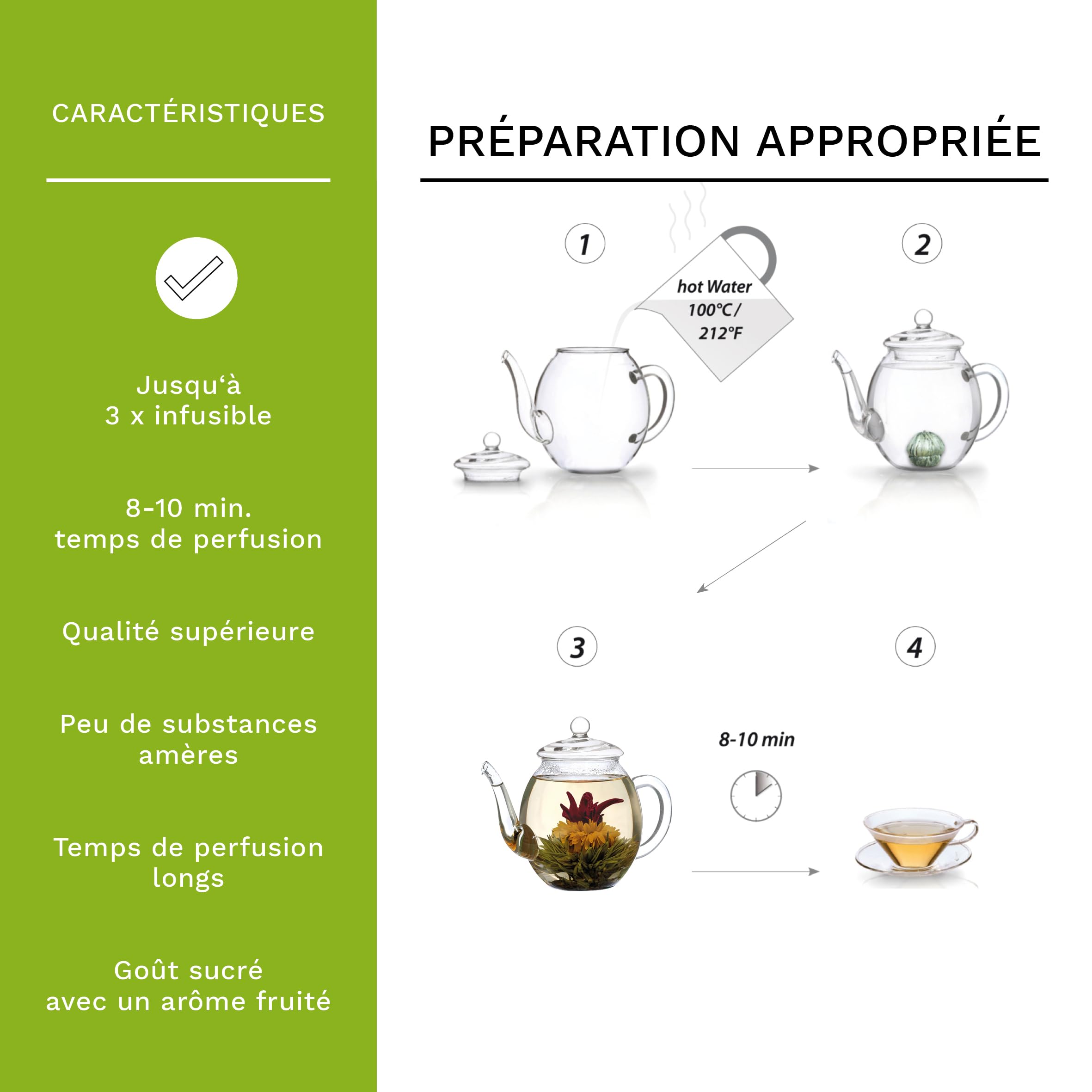 Creano „Fleurs de Thé“ Verts – Paquet en Vrac de 6 variétés – Thé Vert aromatisé – Recharge pour théière – 2 à 3 infusions par fleur