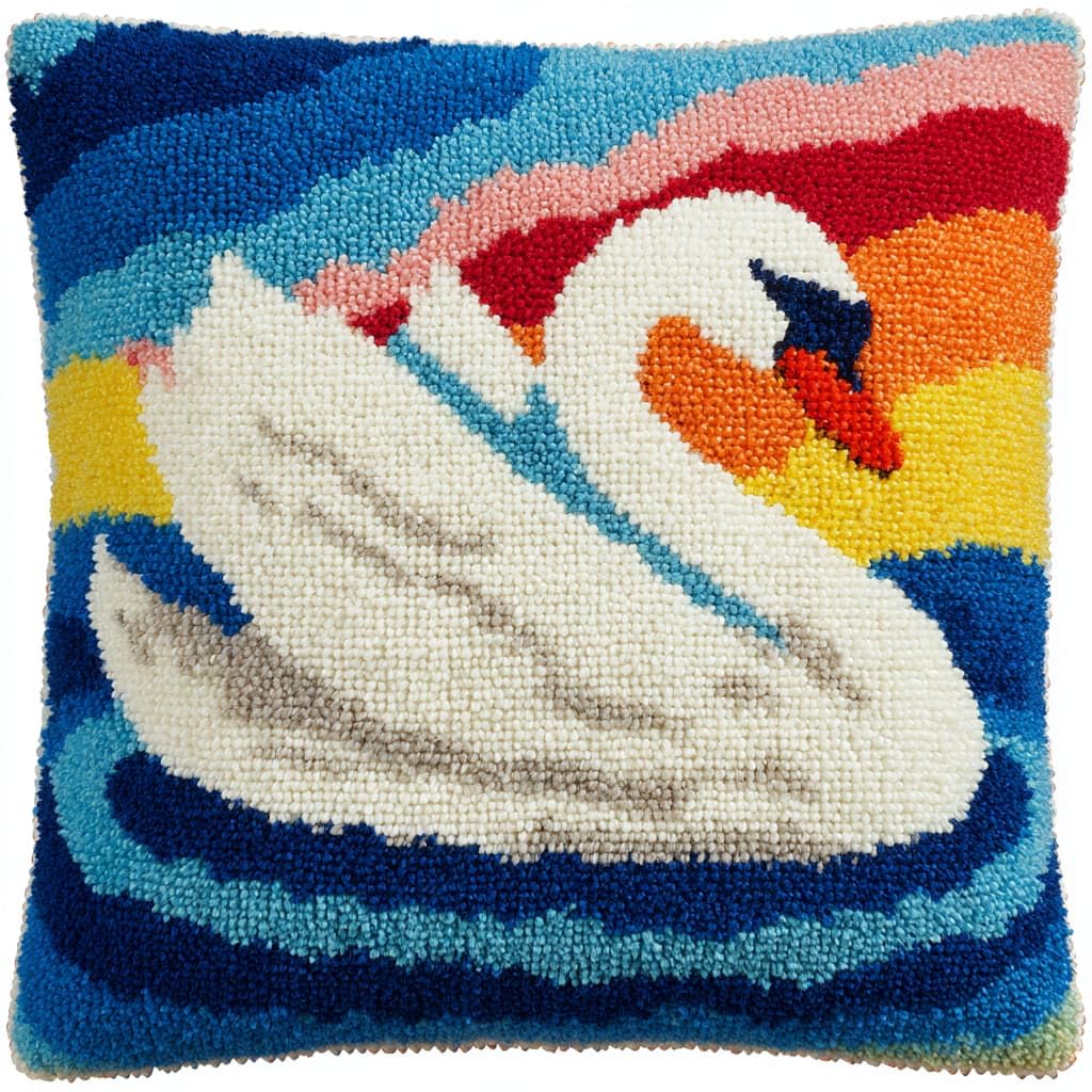 Taxpy Latch Hook Kits, White Swan Pillow Pre-Printed Patterns Pillowcase Needlework Crochet Yarns Latch Hooking Cushion for Sofa Decor 17x17inch
