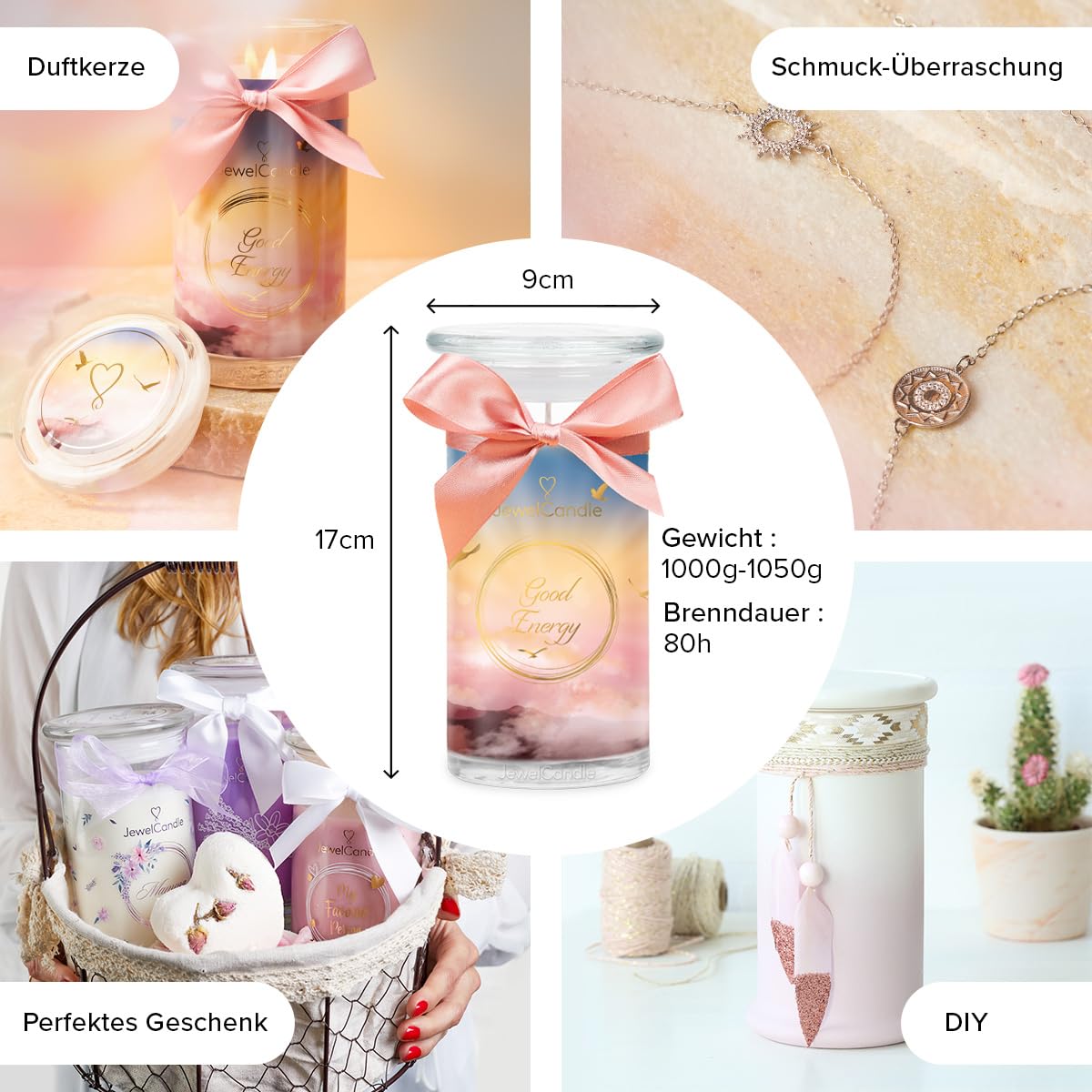 JuwelKerze Good Energy Armband Silber - große Schmuckkerze 80 Std - Duftkerze mit Zitrusduft - Kerze mit Schmuck Überraschung - Geschenke für Frauen