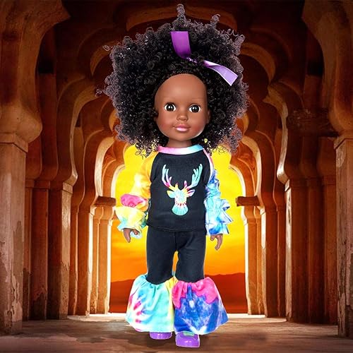 Vista 4 de iBayda Muñeca de silicona afroamericana de 14.5 pulgadas, muñeca realista de niña negra con 2 trajes, zapatos, mochila, cámara, lentes y accesorios