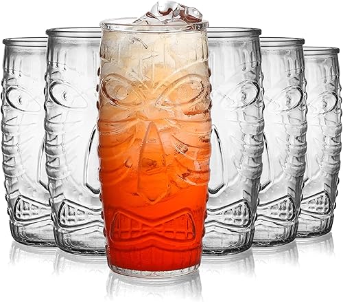 Cedilis Paquete de 6 vasos Tiki Tiki de 20 onzas, vaso Tiki de doble vidrio antiguo de estilo hawaiano, perfecto para Mai Tai, cócteles zombies