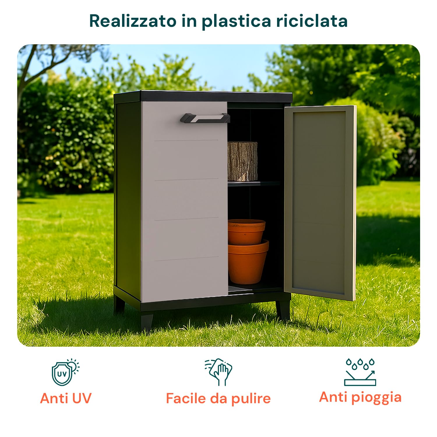Avilia - Armadio da Esterno Basso Prime in Plastica Riciclata Effetto Legno con Ripiano Interno Regolabile, Ideale per Giardino e Balcone, Facile da Montare e Resistente alle Intemperie