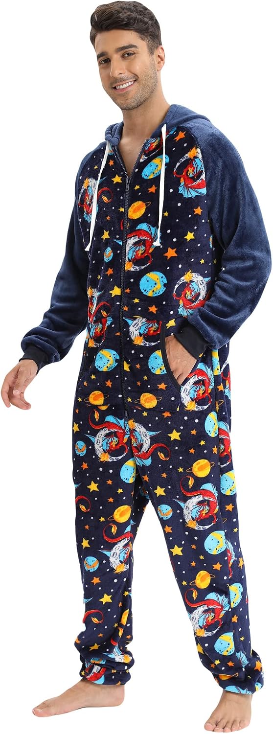 Men's Flannel 1-Piece Pajamas for Adults, Christmas Halloween Themed Sleepwear with Hood for Holiday Lounge Wear