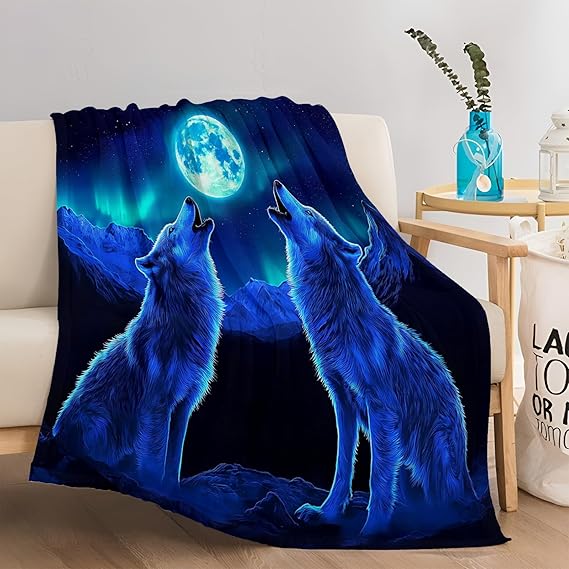 Fleece Blanket Animal, Blue Wolf, Moon Blue Soft Fluffy Throw Blanket