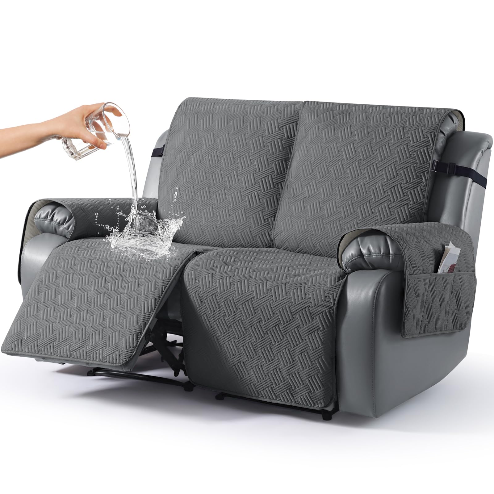 KinCam Coprisedia Reclinabile Elasticizzato 3 Posti – Tessuto Jacquard A Righe Con Tasche Laterali, Antracite, Protezione Per Mobili Con Bambini E Animali