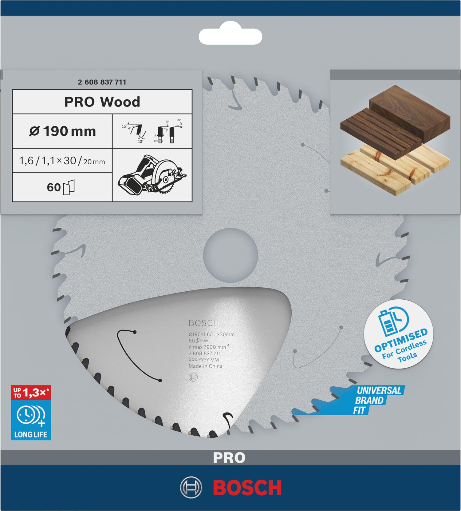 Bosch Accessories Lama Per Sega Circolare Standard For Wood (Legno, 190 x 30 x 1.6 mm, 60 Denti, Accessorio Per Sega Circolare A Batteria)