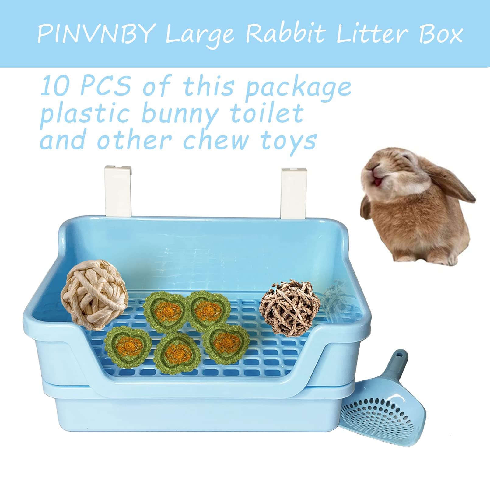 PINVNBY Caja de arena grande para conejos, caja de inodoro de esquina de conejo profundo, doble piso, entrenador de orinal con ganchos para adultos, conejillo de indias, chinchilla, hurón, ardilla