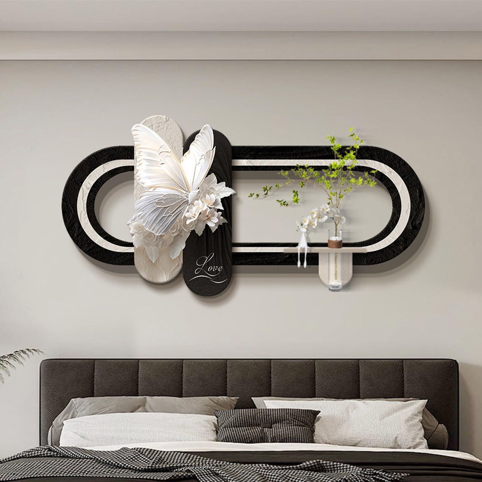 LED Sandstone Wall Decor, Butterfly Wall Sculpture Painting Decor with Glass Vase & Lights, Hydroponic Greenery Entrance Hanging Decor for Entrance Office Corridor(D,60 * 120cm)