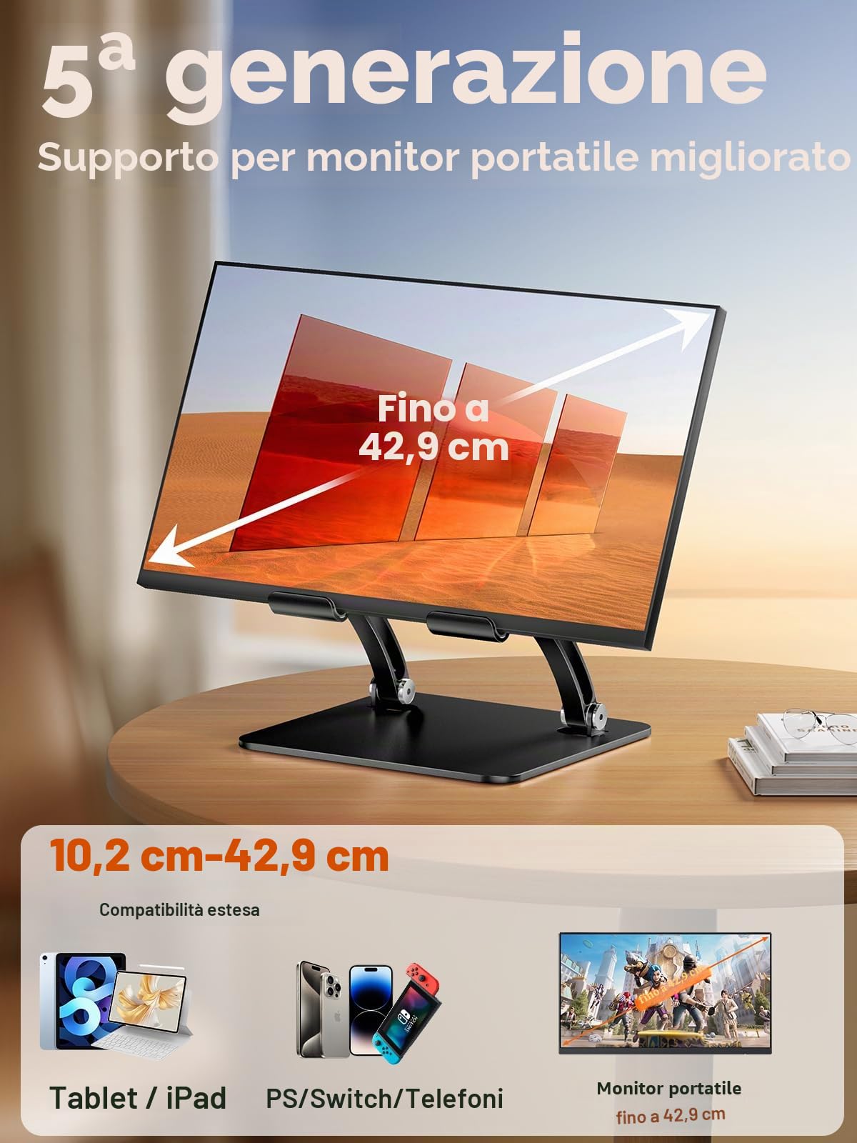 tounee Supporto per Tablet, Supporto da Scrivania in Alluminio Regolabile con Doppia Barra, Compatibile con iPad, Tablet Surface, Monitor Portatili, Kindle e Altro (4,7-16,5") (nero)