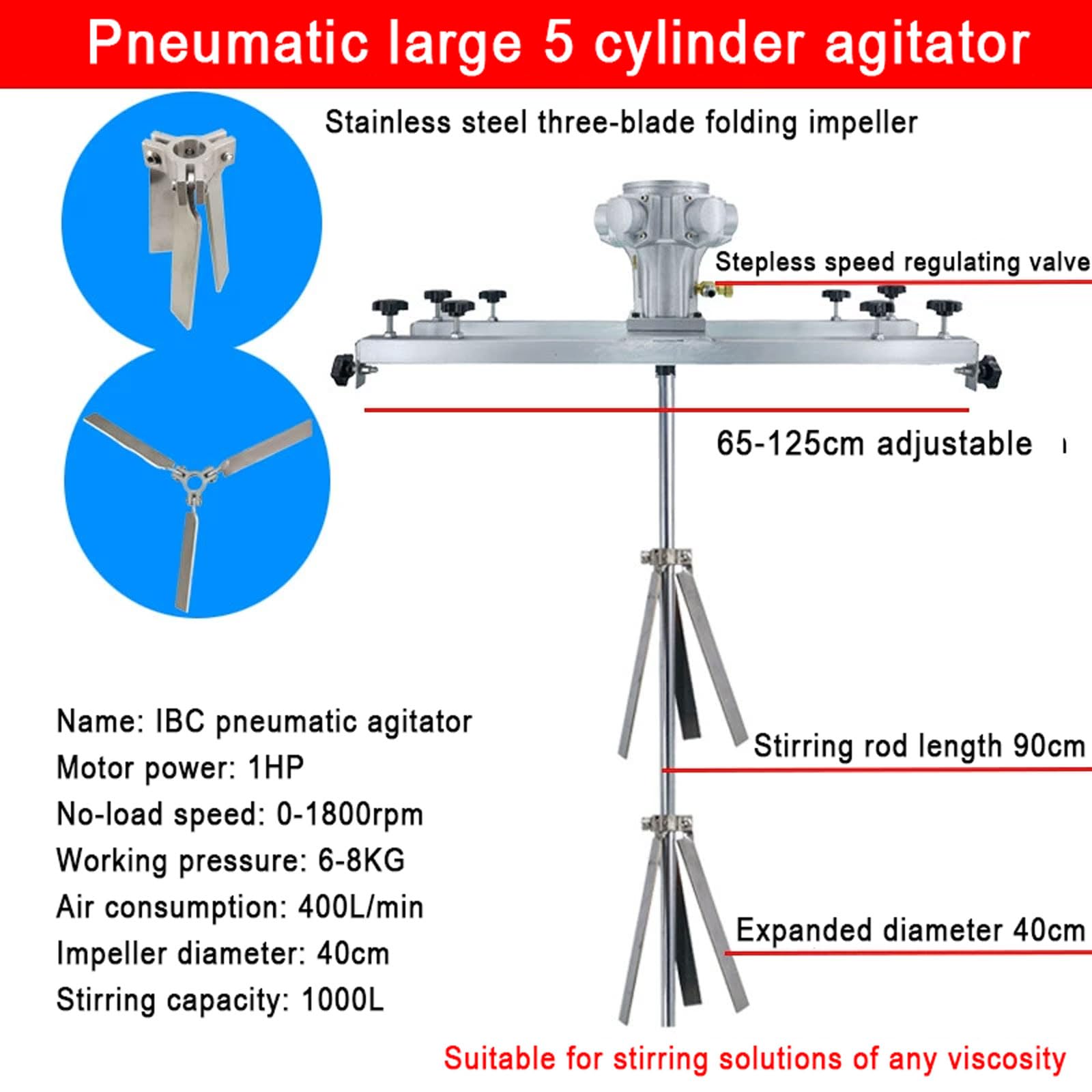 Mezclador de pintura neumático para tanque IBC, agitador de aire de 1 tonelada de 1 HP con impulsor de tres cuchillas de acero inoxidable, hélice plegable, 0-1800 RPM, para disolvente de tinta