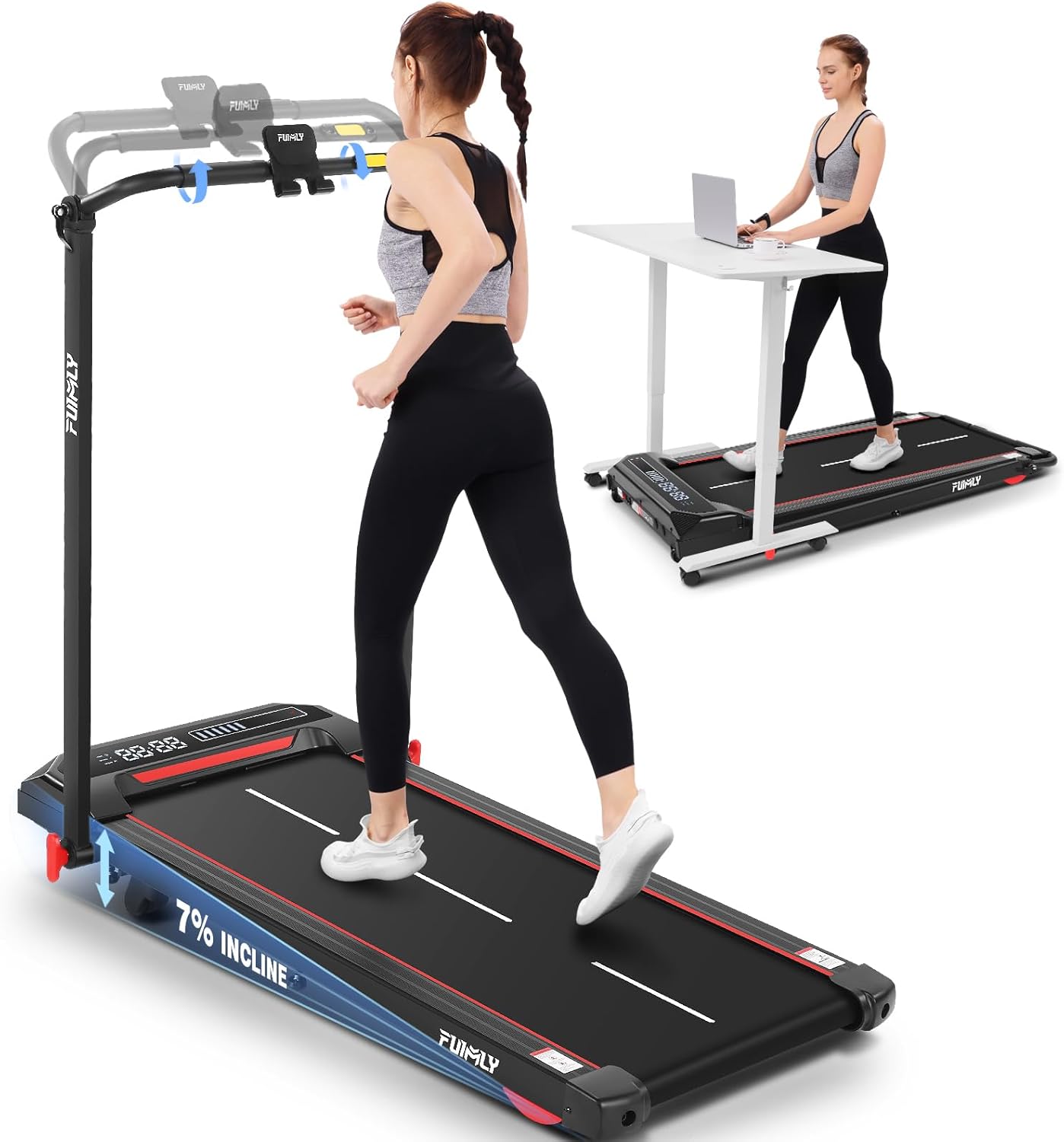 FUNMILY Walking Pad Treadmill with Incline and Handle Bar Adjustable, Foldable Treadmill for Home Office, Folding Walking Pad Treadmills 300 LBS Capacity, Remote Control, LED Screen, Progress Bar