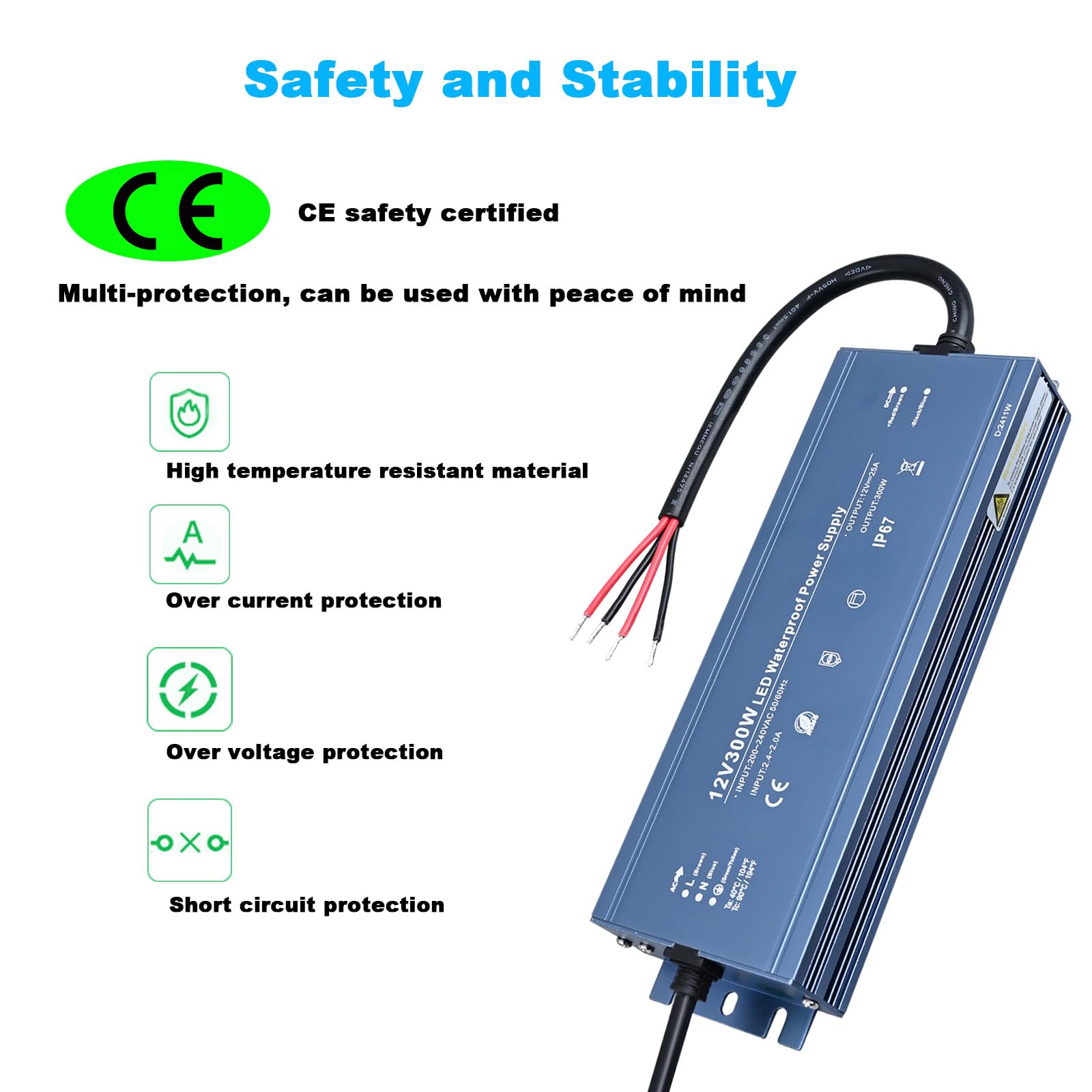 TOPAI Fuente de Alimentación 12V 300W IP67 Impermeable Certificación CE Transformador CA 220V-240V a CC 12V 25A Carcasa de Aluminio Con Enchufe UE