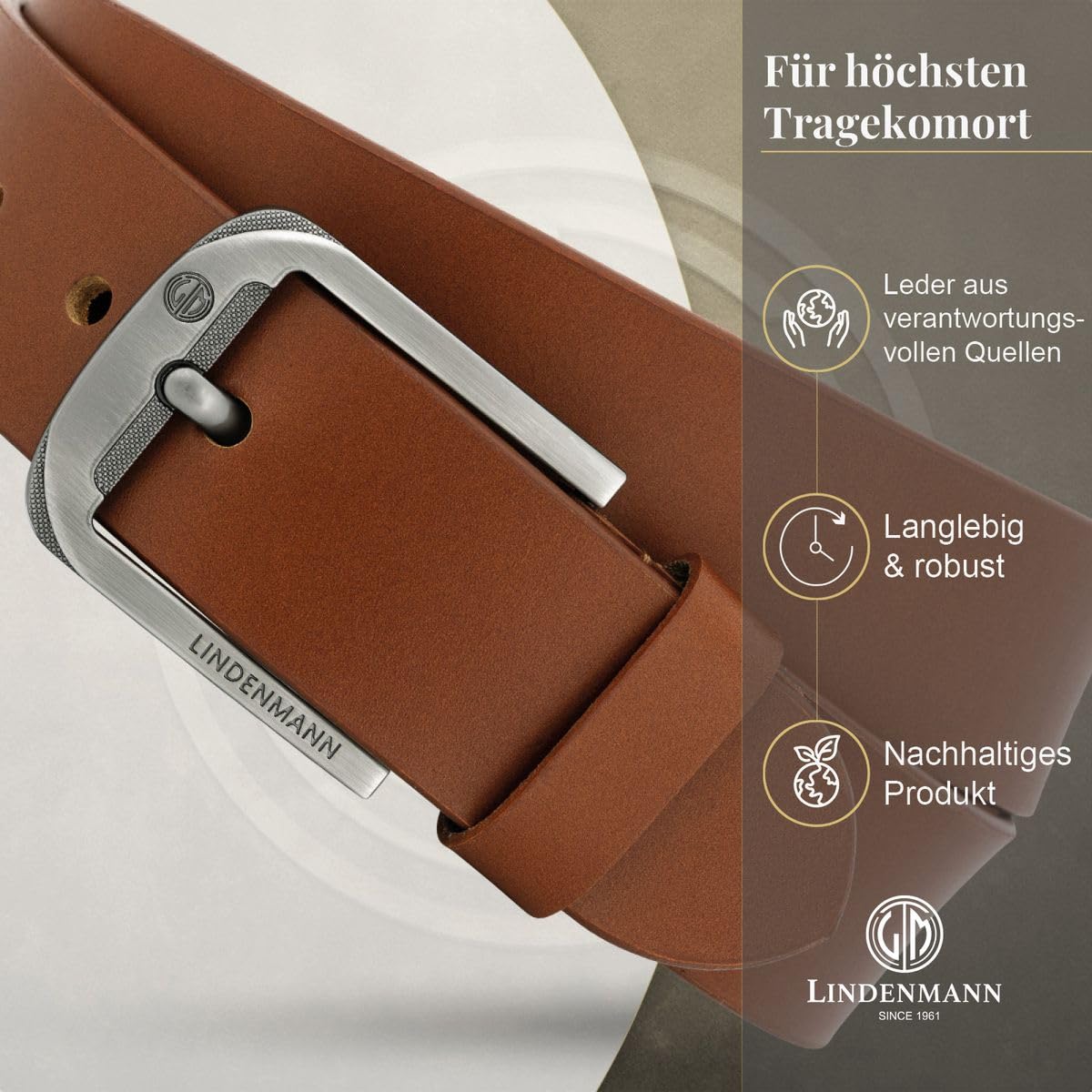 LINDENMANN Herren Ledergürtel Vollrindleder Jeansgürtel cognac