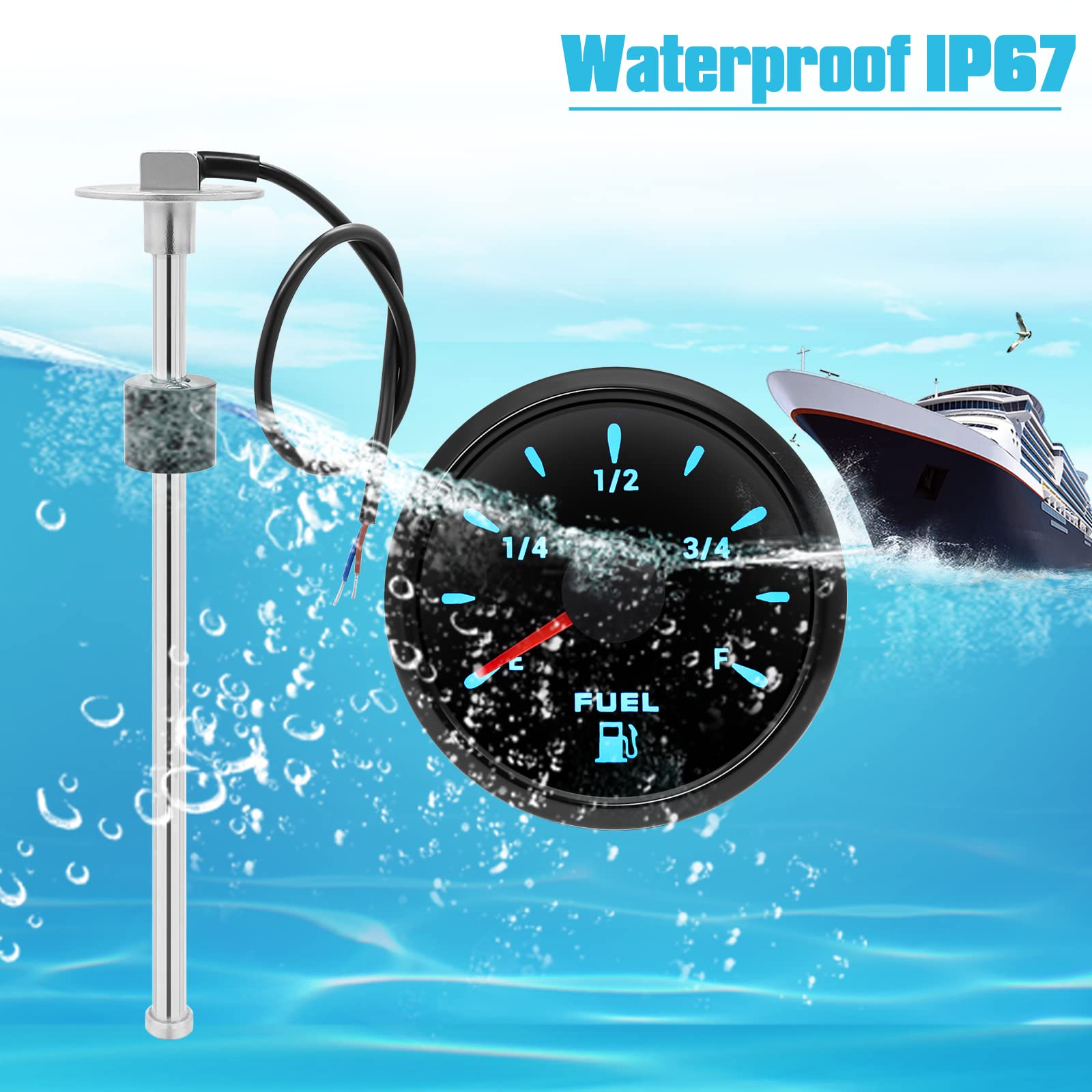 Kraftstoffstandsanzeige mit Kraftstoffstandssensor, 0-190ohms 7 Hintergrundbeleuchtung Universal Auto Kraftstoffstandsanzeige Tankuhr mit Wasserstandssensor Kraftstoffsensor für, Boot, Wohnmobil