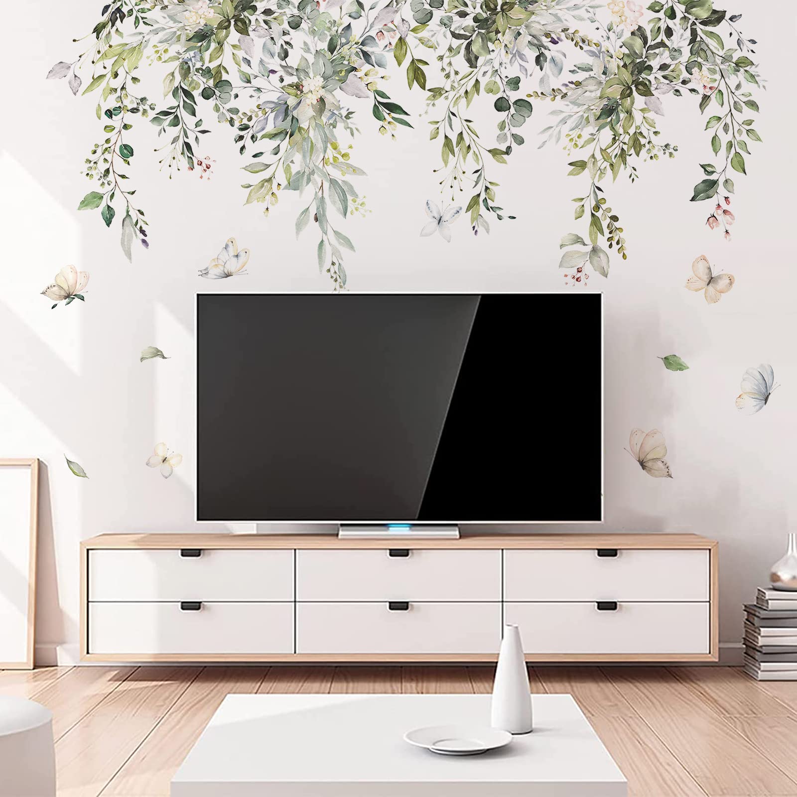 Supzone Hanging Green Leaves Wall Decals - Watercolor Plants Stickers, Large Floral Butterfly Decor, DIY Vinyl Mural Art for Bedroom, Living Room, Offices, Sofa, TV Backdrop