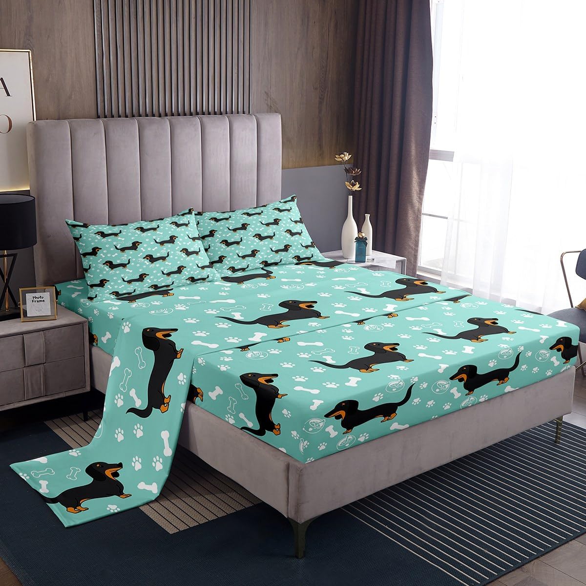 Homewish Cartoon Dachshund Bed Sheet Set Queen Size,Bones Dog Paws Hand Sketch Bedding Set for Children Adult,Cute Puppy Kawaii Pet Animal Sheet Sets with Flat, Fitted Sheet, 2 Pillowcases