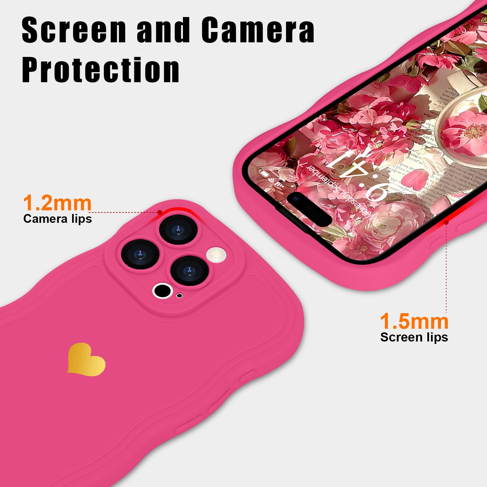 LAPOPNUT for iPhone 15 Pro Max Case,Cute Curly Wave Frame Love Heart Phone Case for Girls Women,Soft Silicone TPU Bumper Shockproof Camera Protective Cover for iPhone 15 Pro Max 6.7 inch,Hot Pink - Image 2