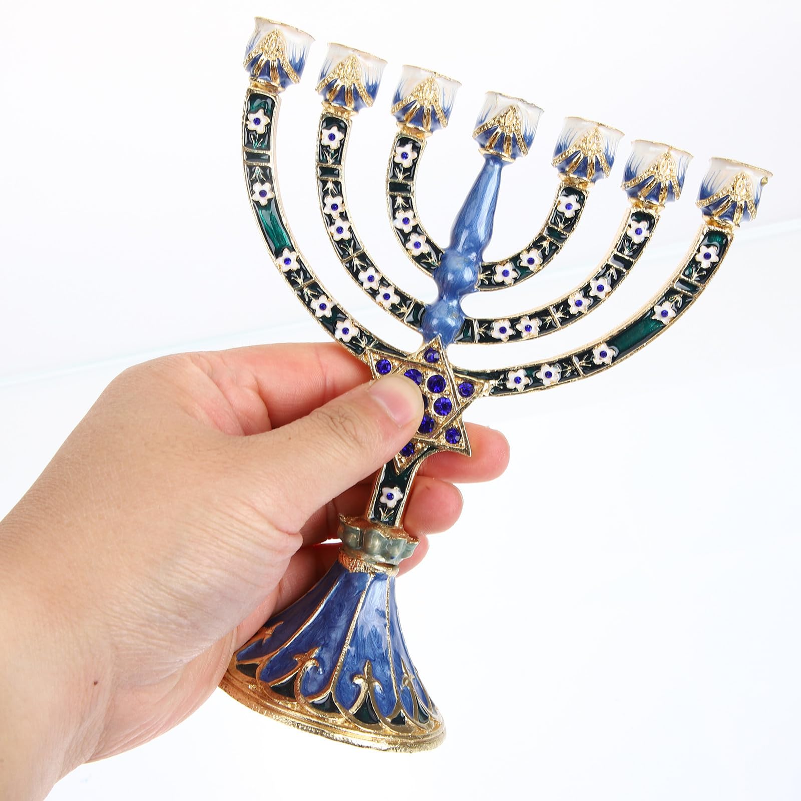 Candelabro Judío de 7 Brazos de Aleación Azul Retro | Estilo Religioso, Efecto Decorativo y Uso Prolongado, para Salón y Fiestas