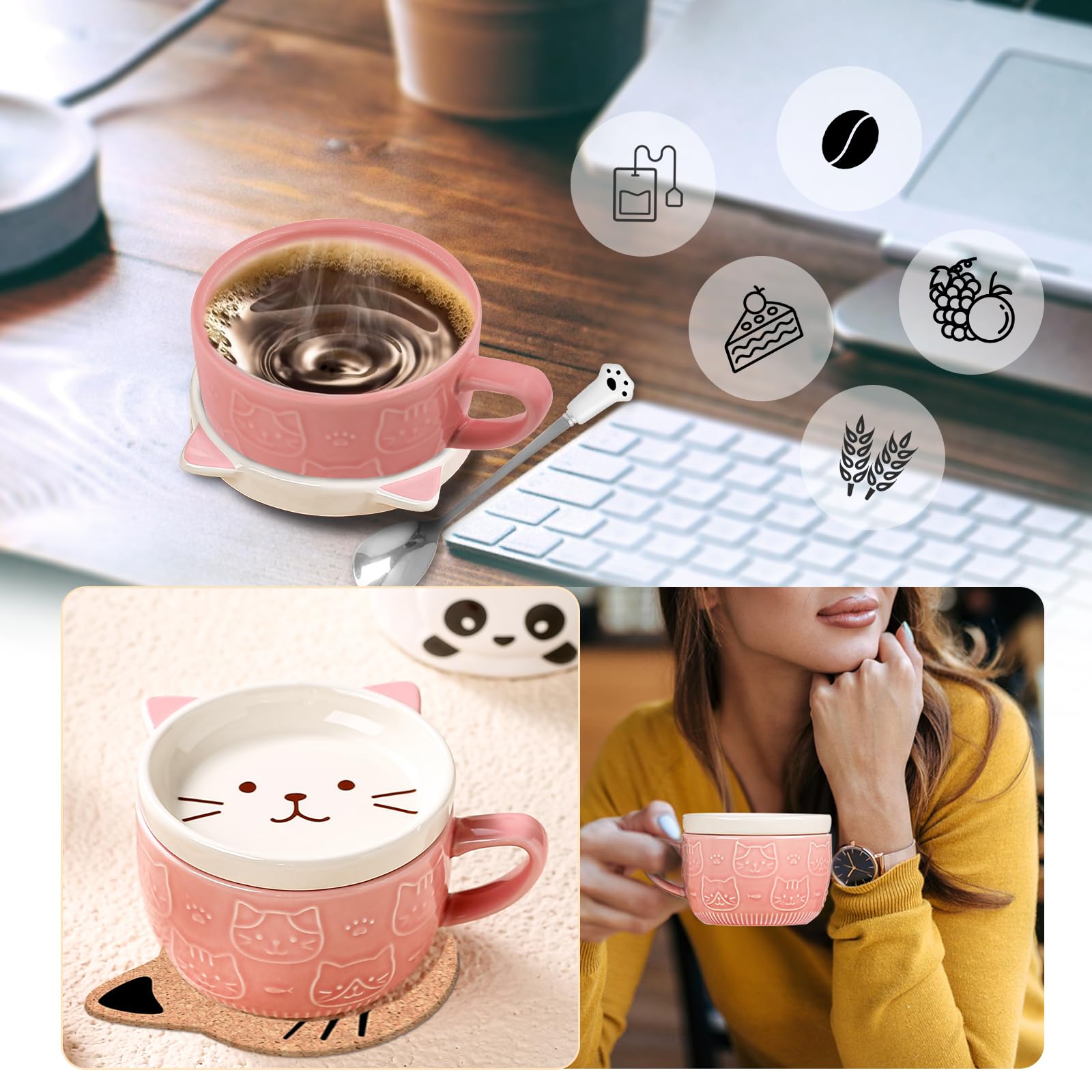 Regalos para mujeres,tazas de café Kawaii de gato rosa con tapas,regalos de cumpleaños de Navidad para niñas,amigos,mamá, taza de té de cerámica de animales novedosos,juego de platillos de postre