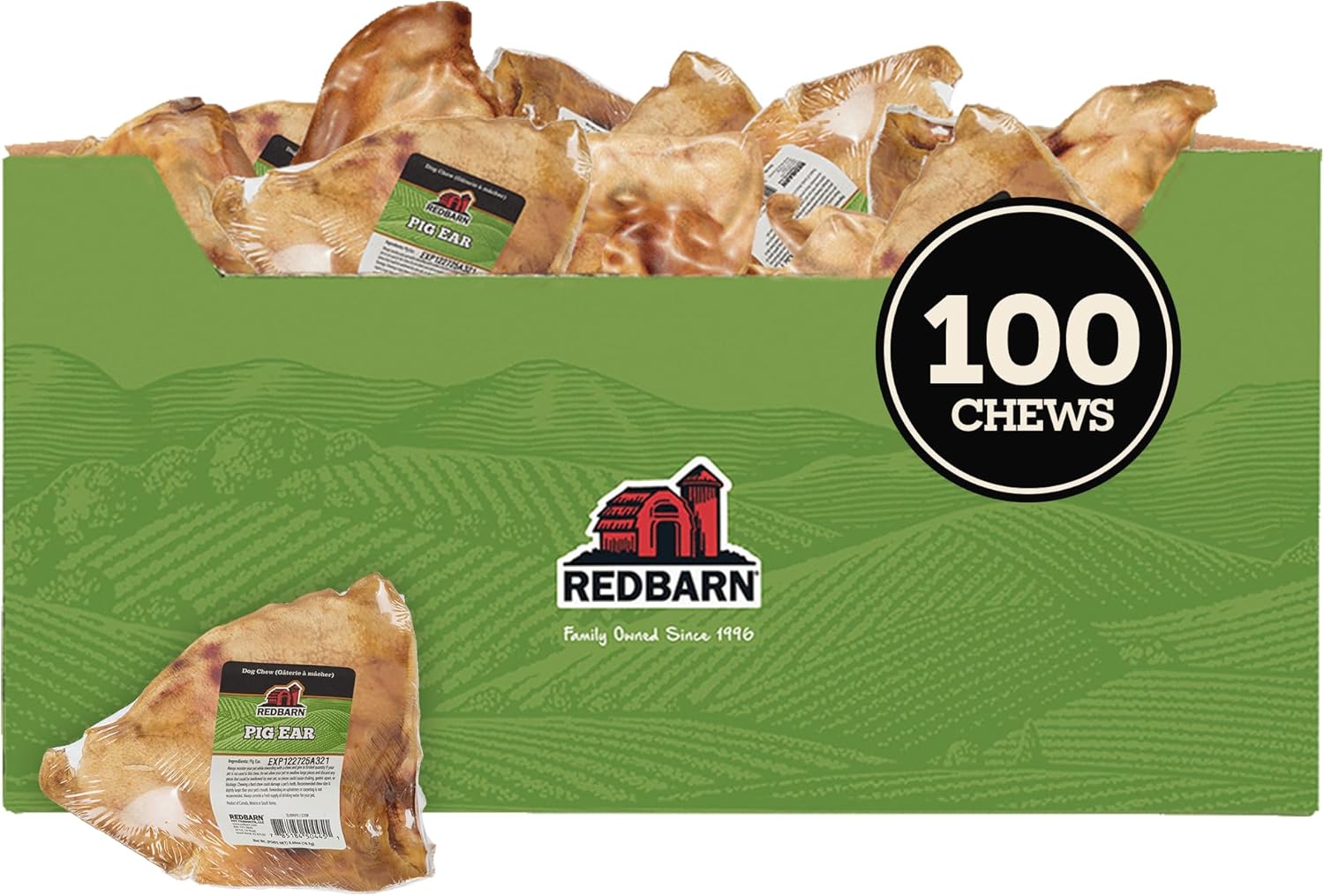 Redbarn Pig Ears for Dogs, Natural Whole Single Ingredient Pork Chews for Puppy, Medium, & Large Dogs, Bulk 100 Count