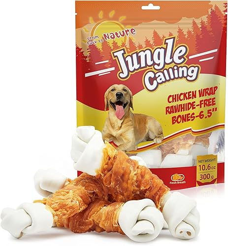 Jungle Calling Huesos de perro sin cuero crudo, huesos masticables envueltos de pollo real de 6.5 pulgadas para perros medianos y grandes golosinas