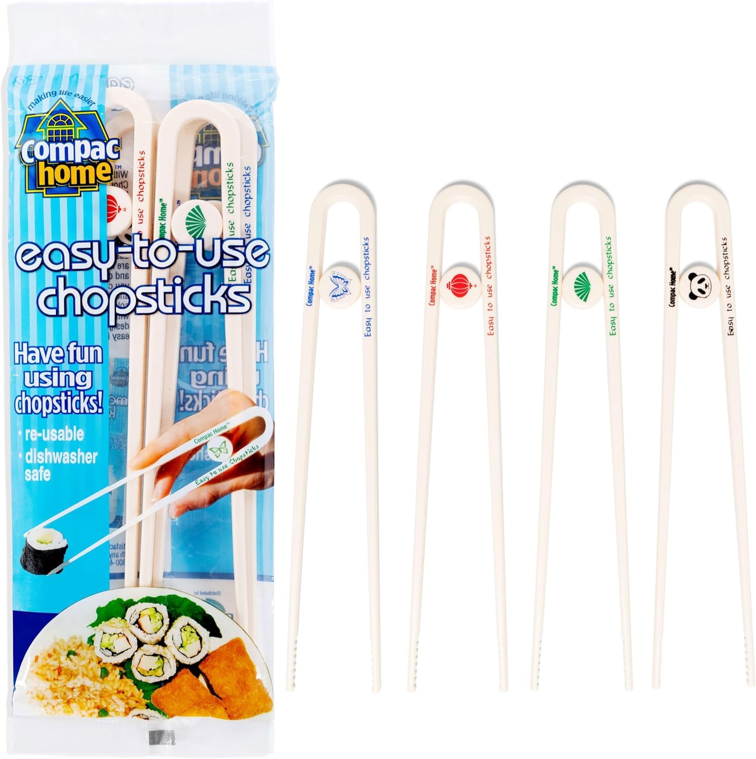 Compac Home Easy-to-Use Chopsticks, Plastic Dishwasher Safe, Great for All Ages, Parties, Stocking Stuffer, 4 Count