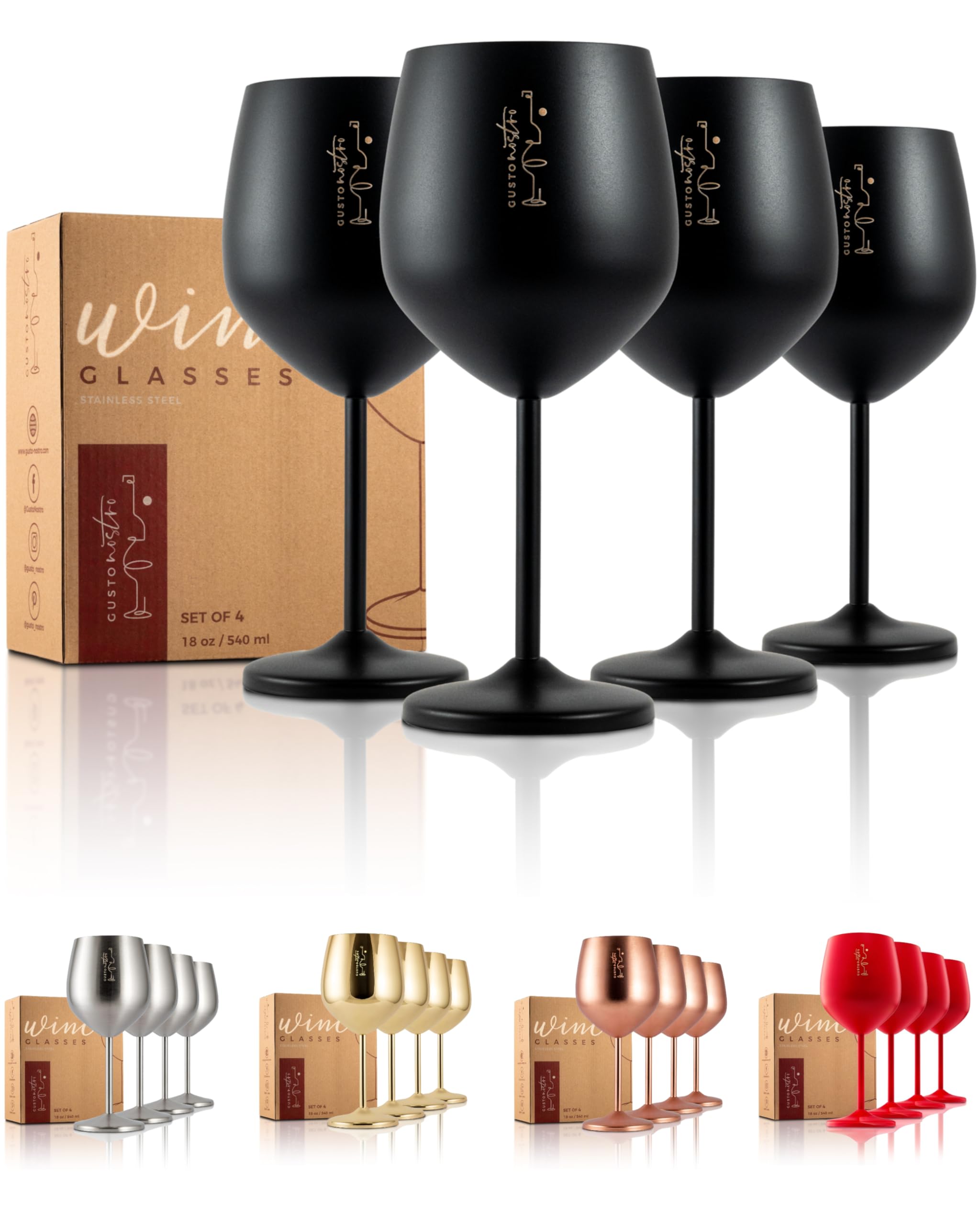 Gusto Nostro Weingläser mit Stiel aus Edelstahl - Unzerbrechliche Kelche mit 540 ml - Elegantes Trinkgeschirr in Schwarz für Champagner und Cocktails (4er Pack)