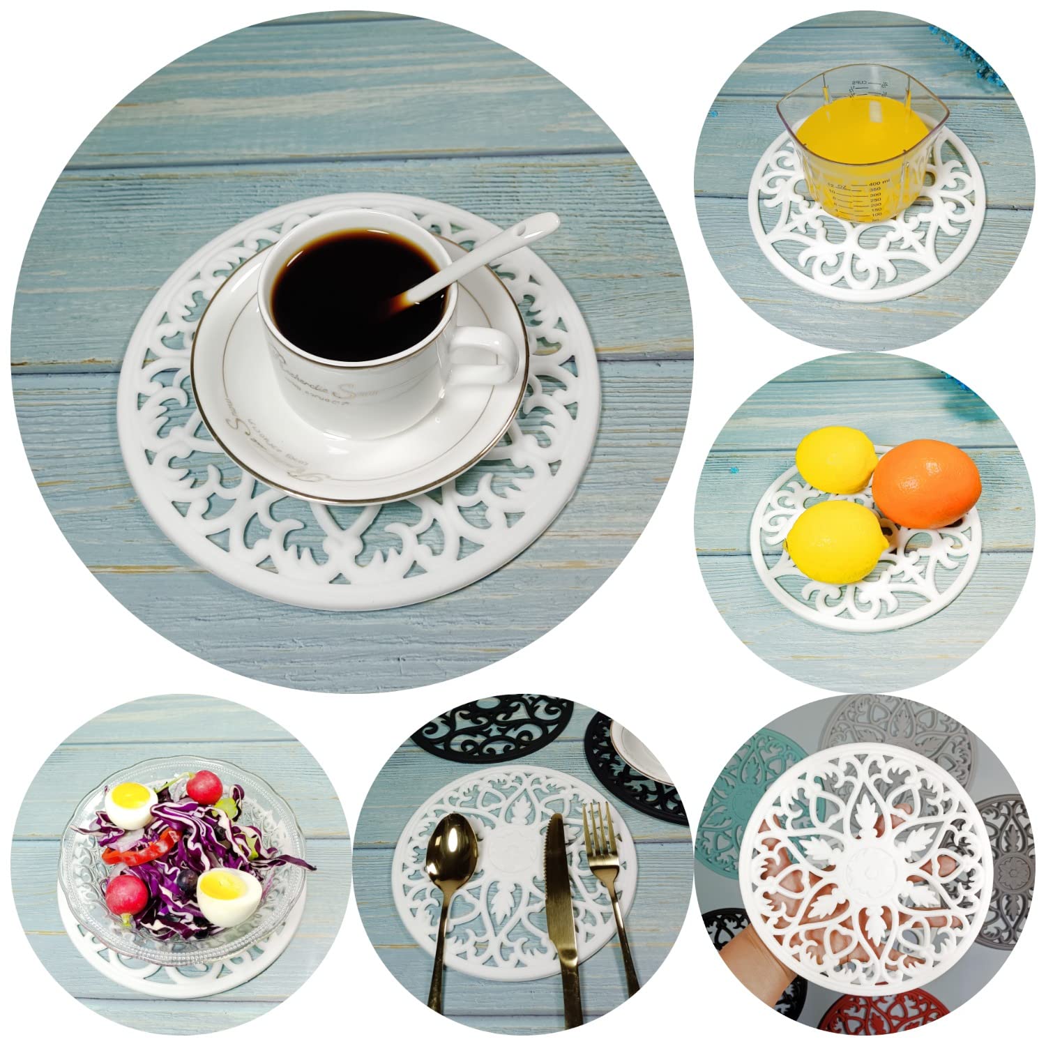 Lot de 6 dessous de plat en silicone pour plats chauds, tables, comptoirs, antidérapants, résistants à la chaleur, dessous de plat rond et flexible, multi-usages, finement sculptés - Blanc
