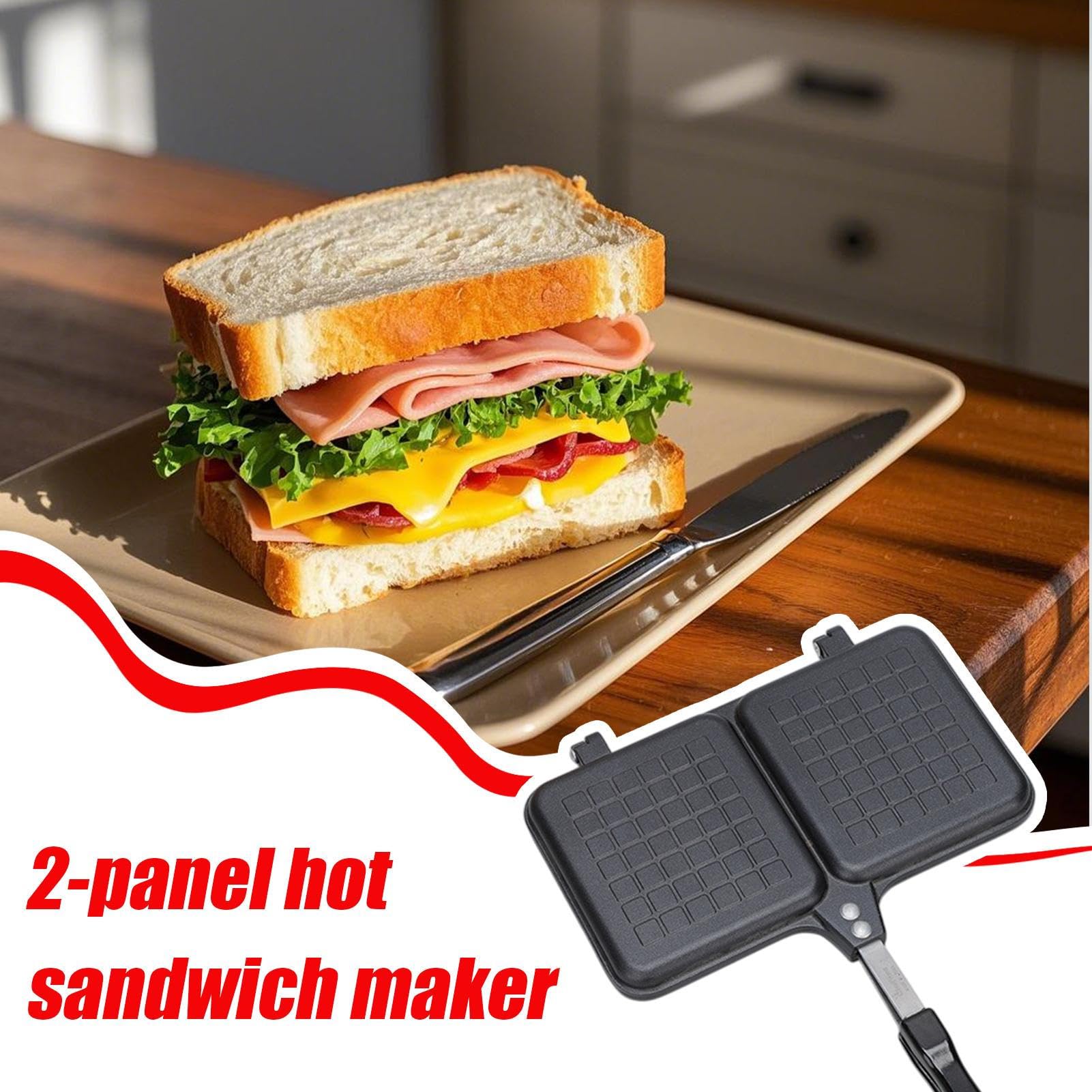 OnePine Appareil à croque-monsieur avec longues poignées en bois, gaufrier antiadhésif, double face, en aluminium, pour sandwich, panini, toasts et gaufres, cuisine et camping