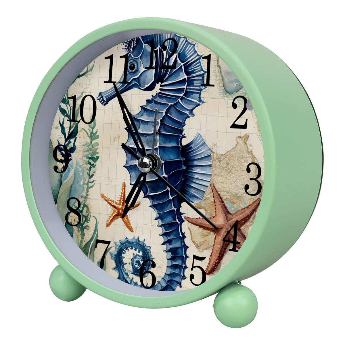 Luoweisi Alarm Clock Seahorse Nautical Map, Silent Non-Ticking with Night Light, Round Metal Alarm Clock for Office, Battery Operated, Bedroom, Elderly, Adults, Children, Student Gifts