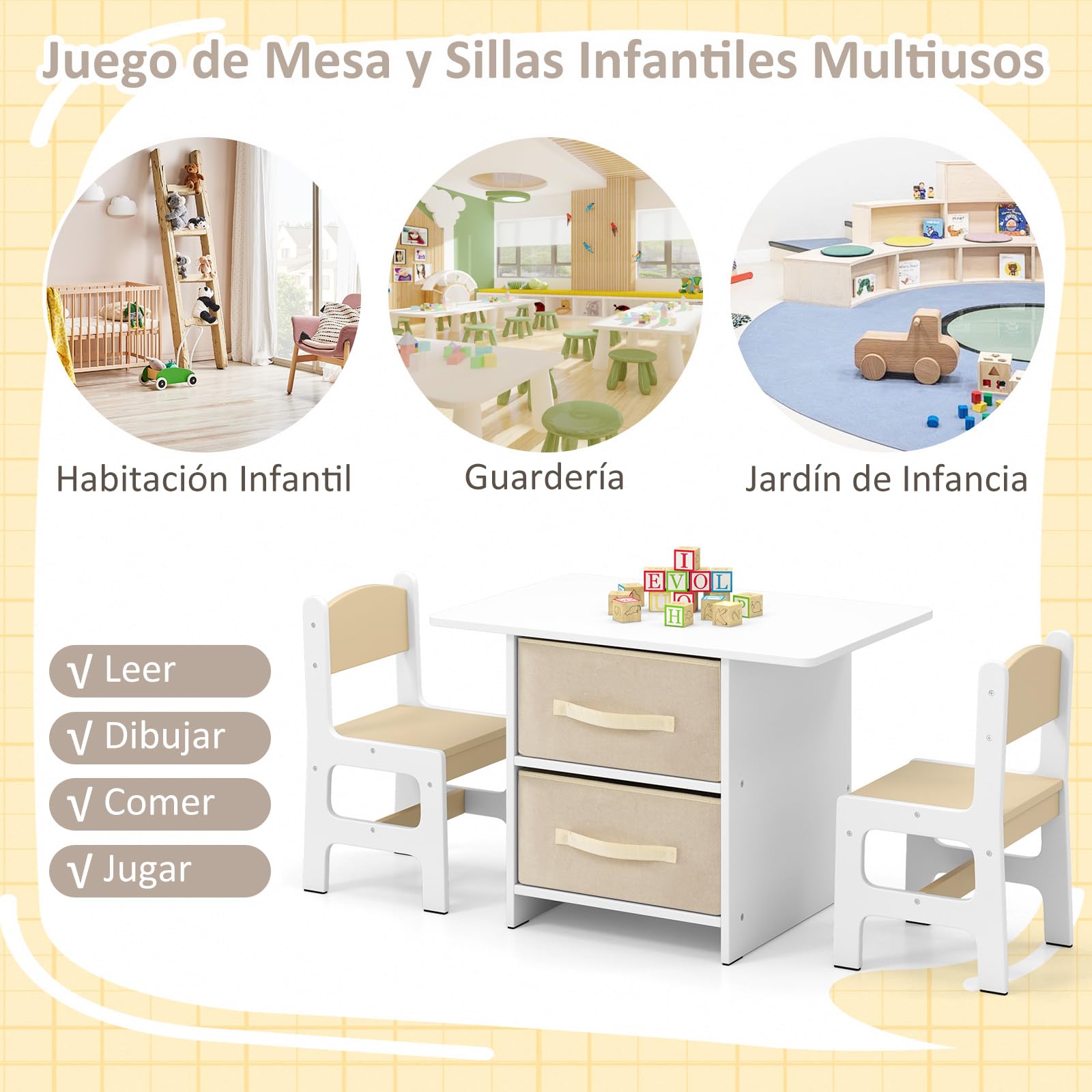 GOPLUS Juego de Mesa y 2 Sillas Infantil 3 en 1, Grupo de Asientos y Escritorio con Amplio Tablero para Niños, Mueble Infantil con 2 Cajas de Almacenamiento, Capacidad Carga 50KG (Natural)